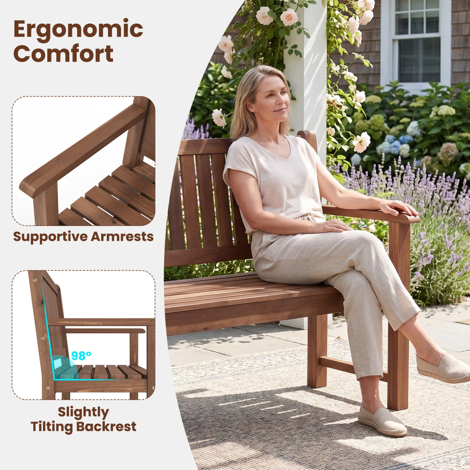 SUGIFT 3-Seater Outdoor Garden Bench 990-lb Capacity with Backrest Brown/Natural