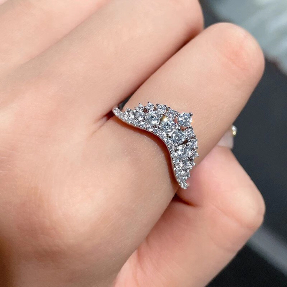 Crescent Moon Cubic Zirconia Ring Silver鈥慣one Paved Cluster Statement Ring for Women