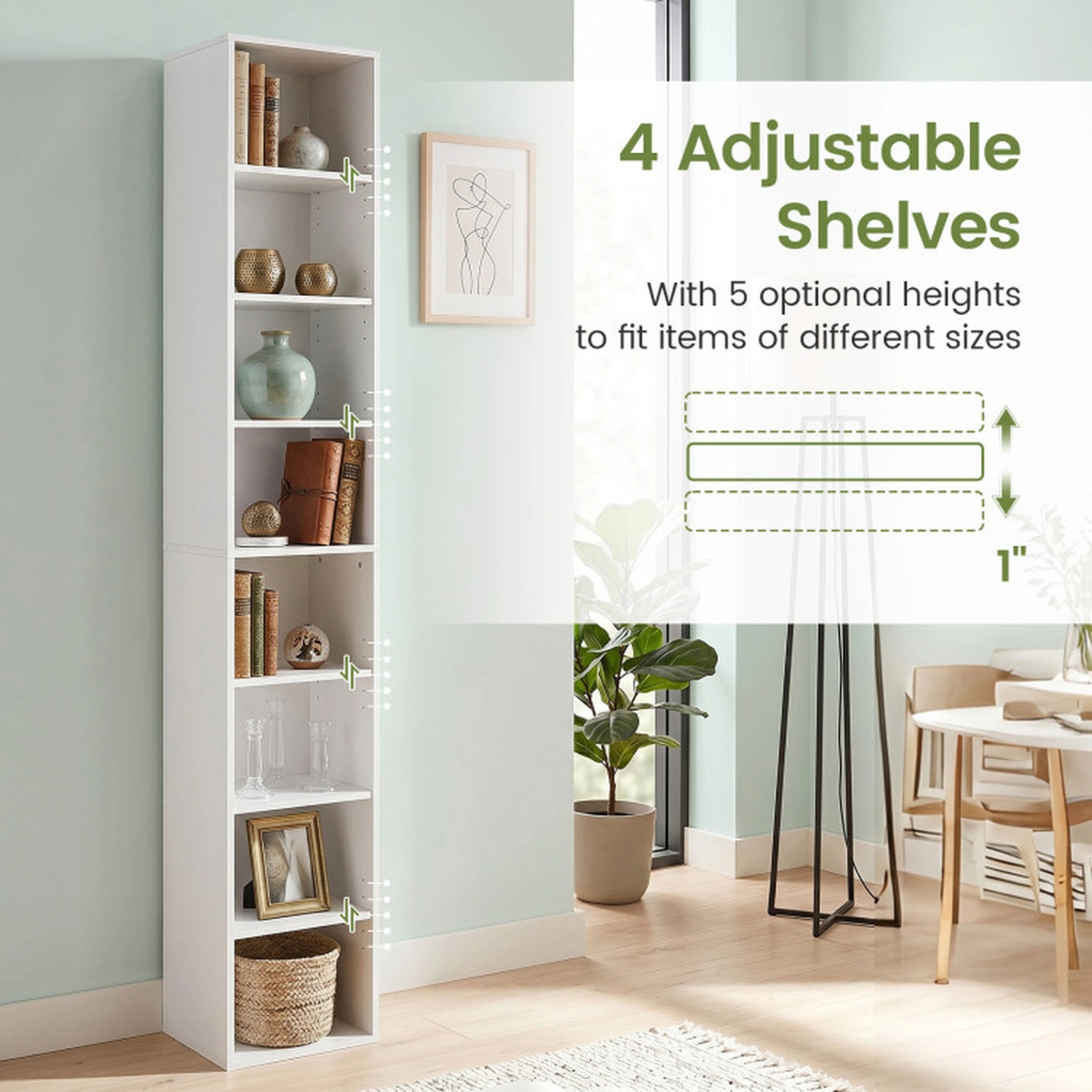 SUGIFT White 8-Tier Narrow Bookshelf 71 in with 4 Adjustable Shelves