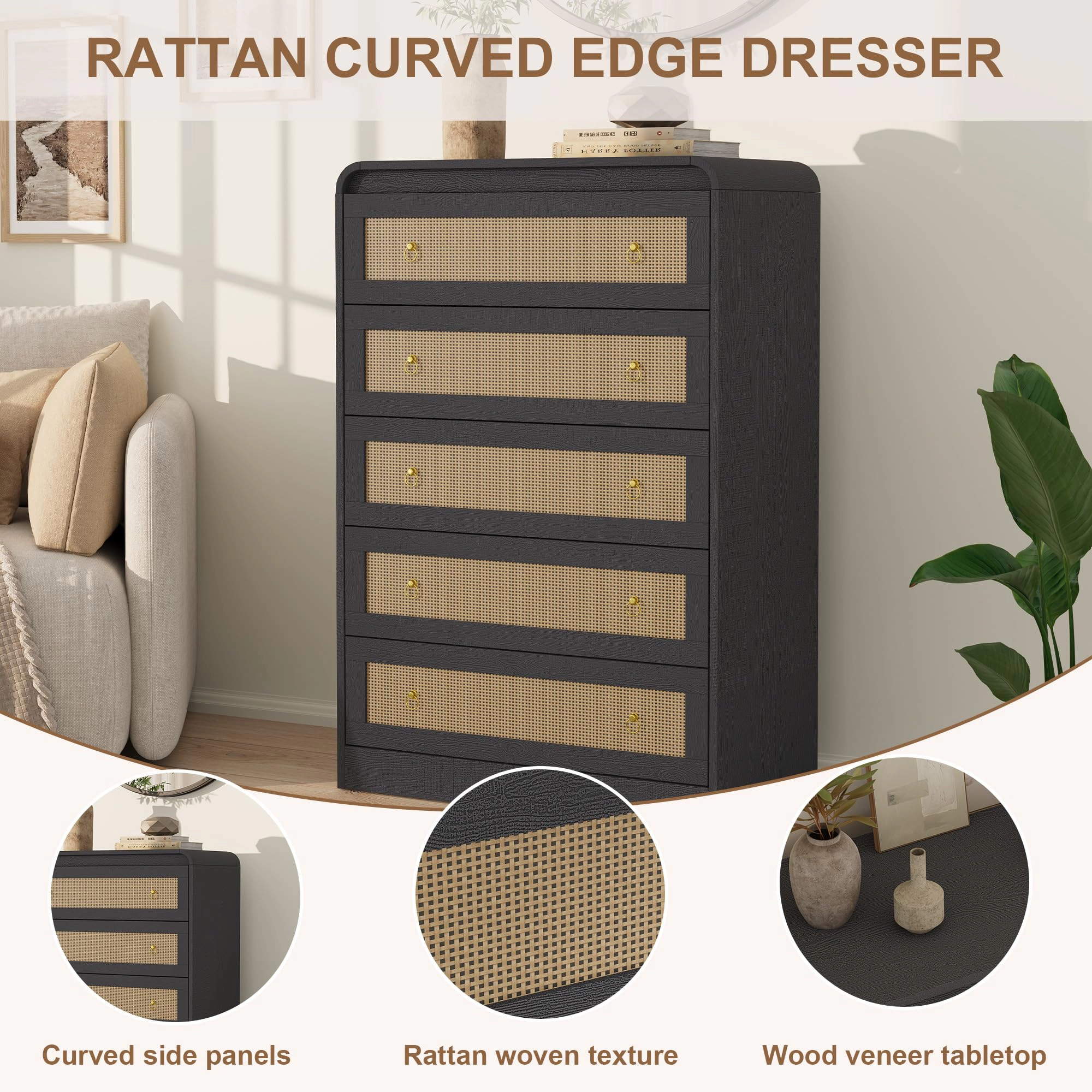 5 Drawer Rattan Dresser with Rounded Corners, 31" Tall Modern Wooden Storage Cabinet for Bedroom Living Room