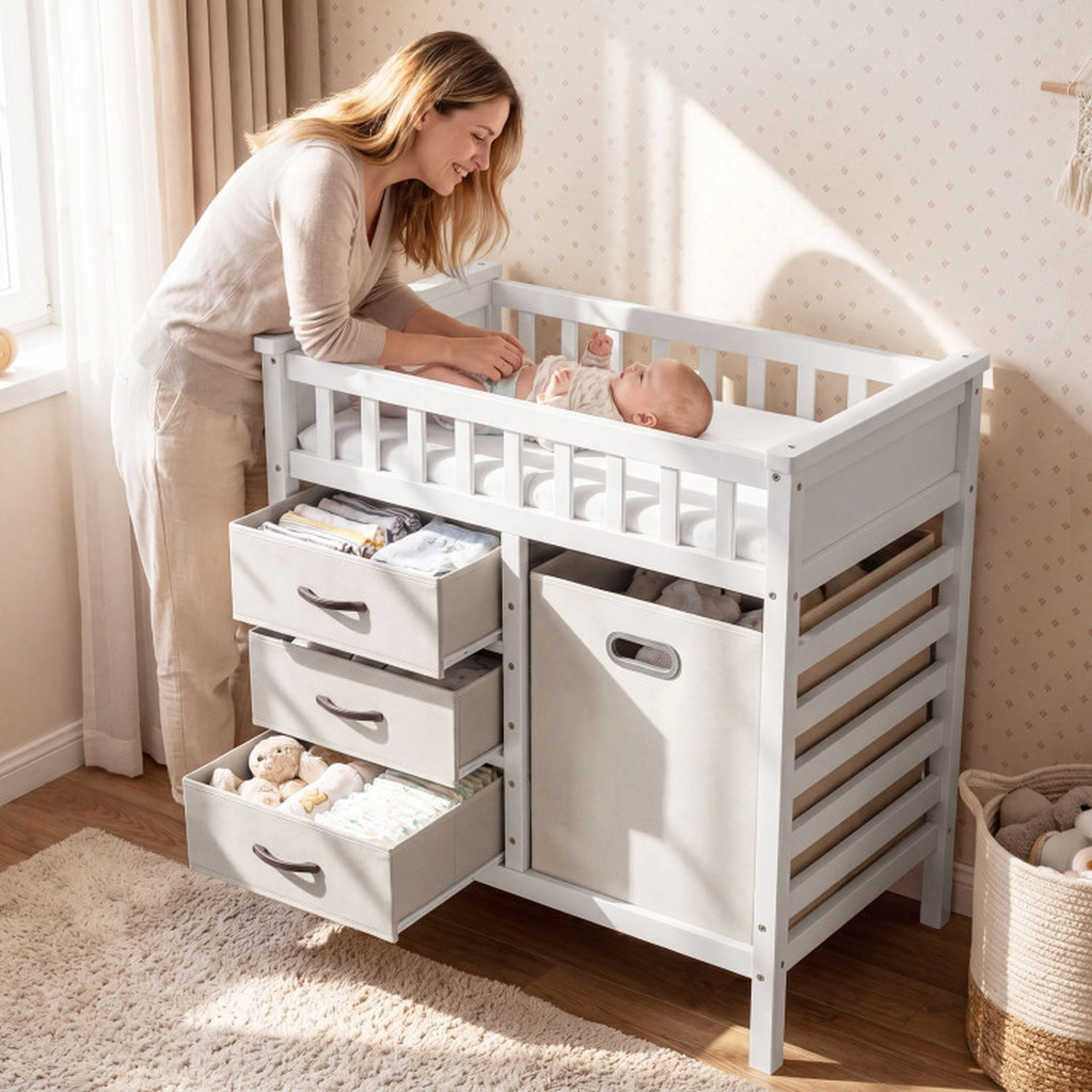 SUGIFT Wooden Baby Changing Table with 3 Fabric Bins and Hamper