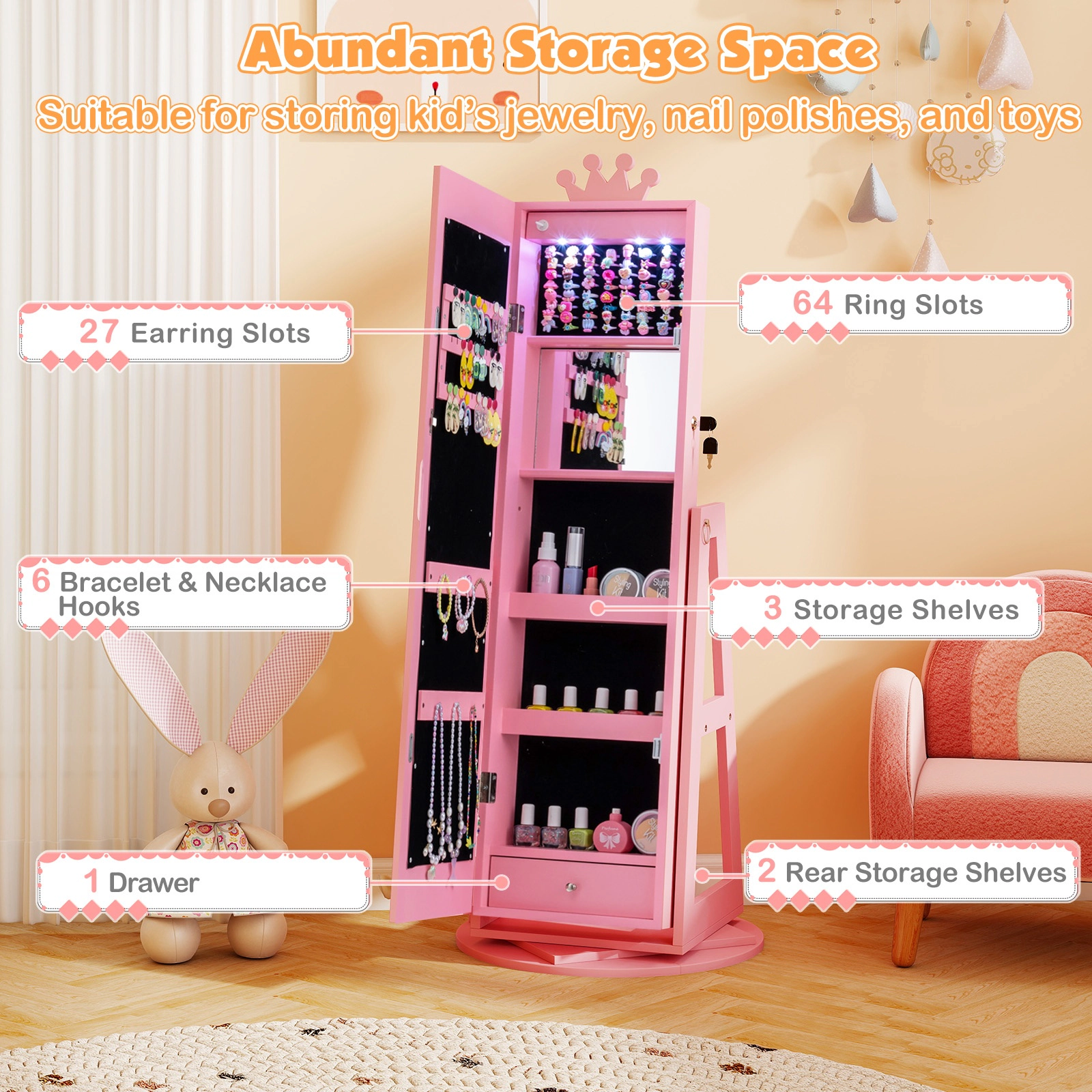 SUGIFT Kids Jewelry Armoire with 32.5-in Lighted Full-Length Mirror and 45-in Rotating Inner Mirror Cabinet