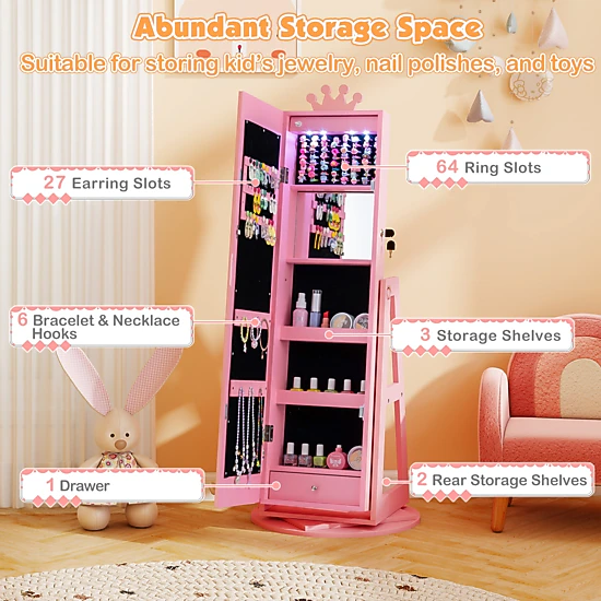 SUGIFT Kids Jewelry Armoire with 32.5-in Lighted Full-Length Mirror and 45-in Rotating Inner Mirror Cabinet