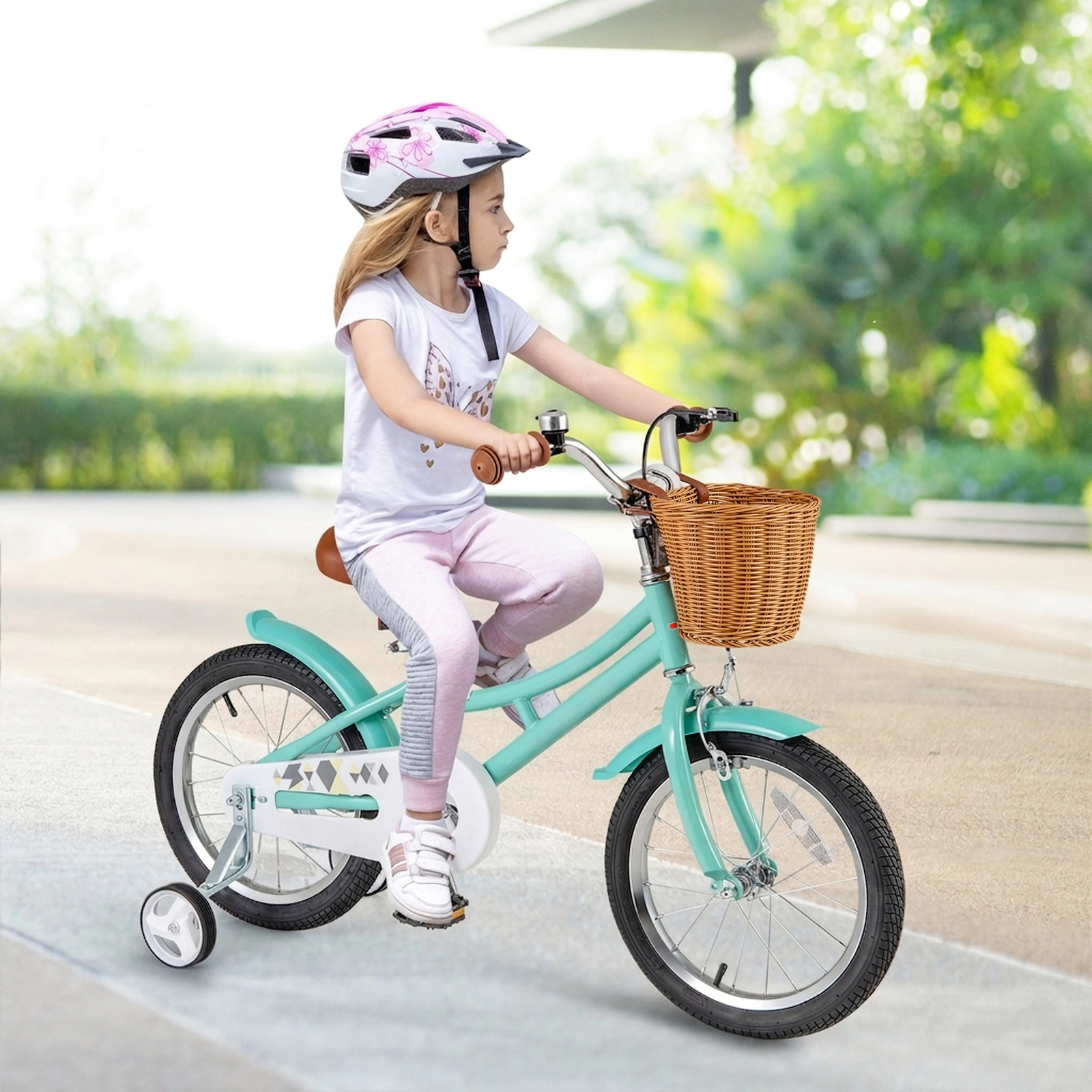 16-in Kids Bike 21-in to 23.5-in Inseam Training Wheels Hand/Coaster Brakes Storage Basket Bell Ages 4-7 Green
