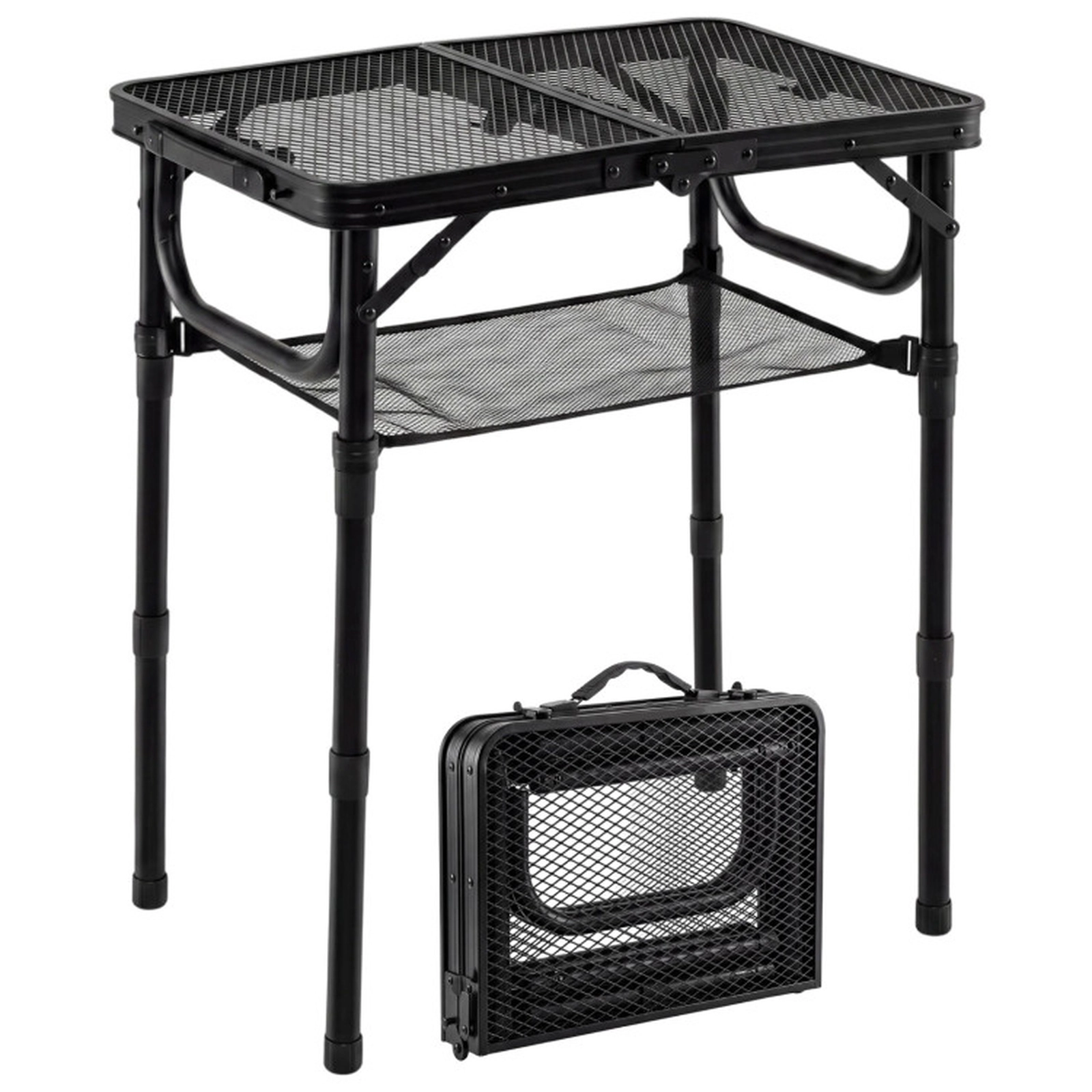 SUGIFT Black 90-lb Capacity 3-Height Adjustable Folding Aluminum Camping Table with Mesh Top and Storage Net