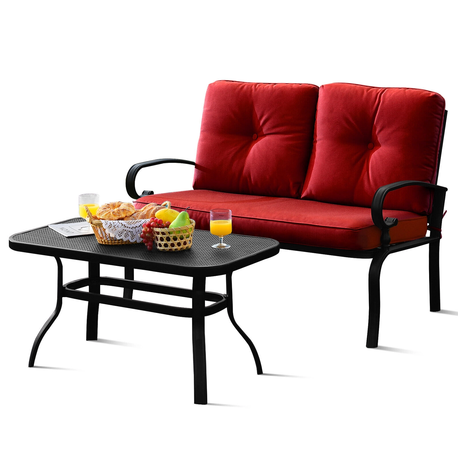 SUGIFT 2-Piece Steel Patio Conversation Loveseat Bench and Coffee Table Set 550-lb Capacity with Cushions Red