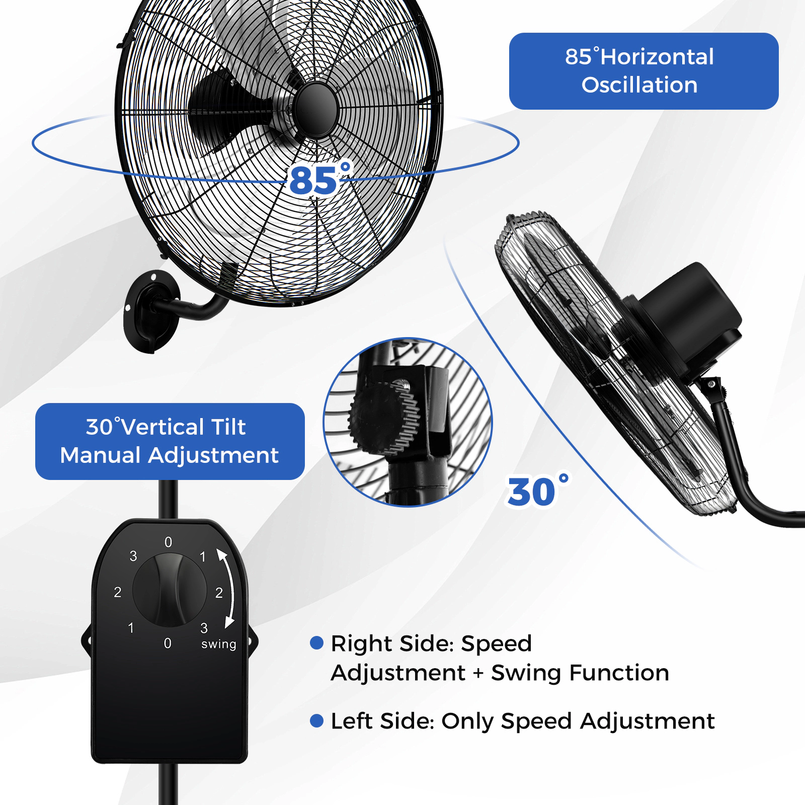 SUGIFT 20-in Black Oscillating Wall Mount Fan with 3 Speeds and Tilt Head 3500-CFM 22-in W 16.5-in D 26.5-in H