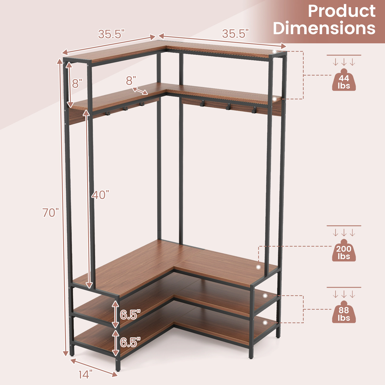 SUGIFT L-Shaped Open Shelves 7 Hooks Corner Garment Rack Shoe Bench 35.5-in x 35.5-in x 70-in 200-lb Capacity Walnut