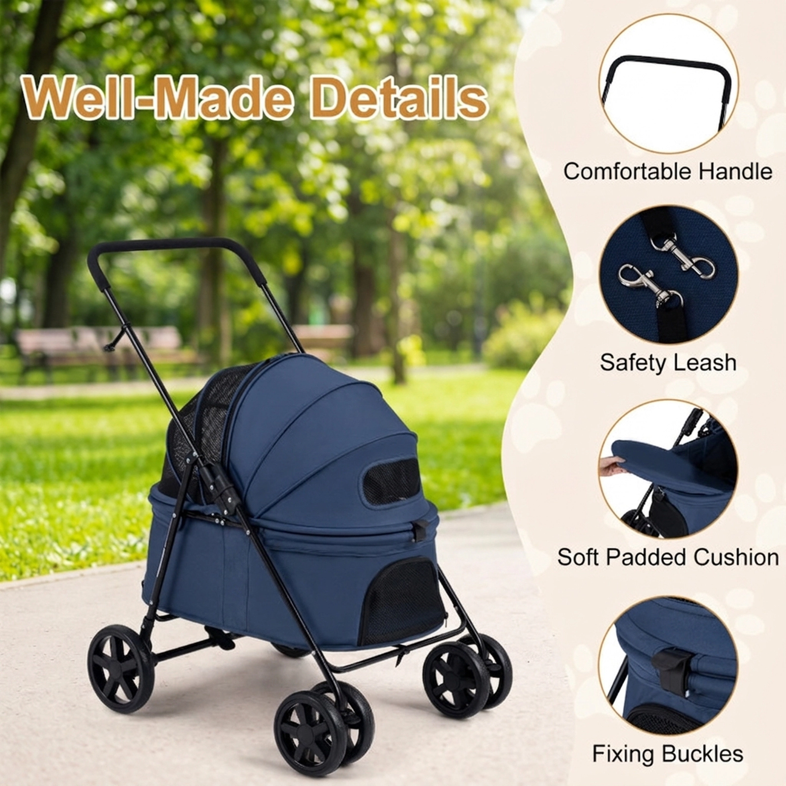 SUGIFT Navy Folding Pet Stroller with Swivel Front Wheels 31.5-in W 22.5-in D 39.5-in H 33-lb Cabin Capacity