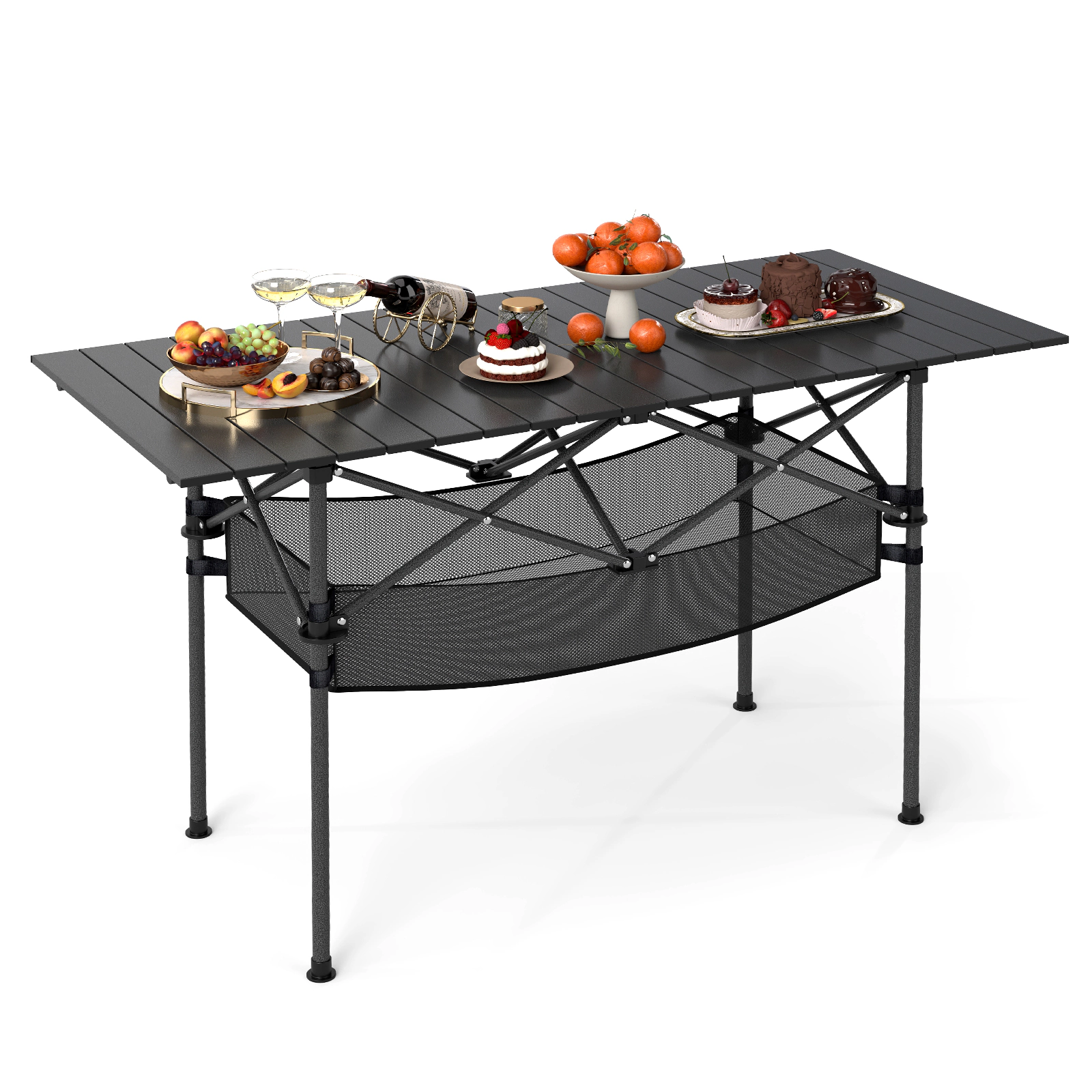 LJG Patio Folding Camping Table with Roll-up Tabletop and Mesh Basket