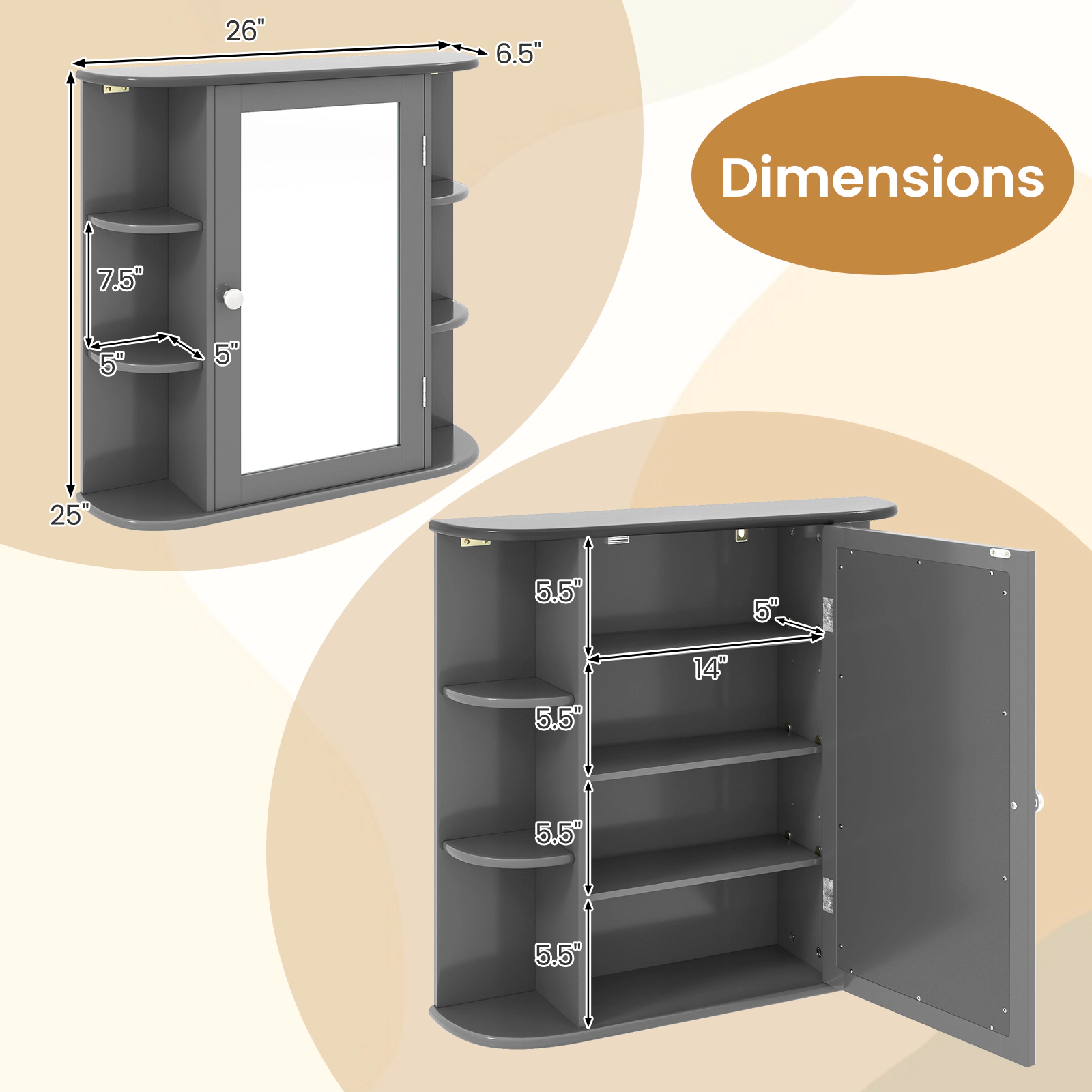 SUGIFT Mirrored Door 4 Internal Tiers 6 Open Shelves Bathroom Medicine Cabinet 26-in x 6.5-in x 25-in 44-lb Top Gray