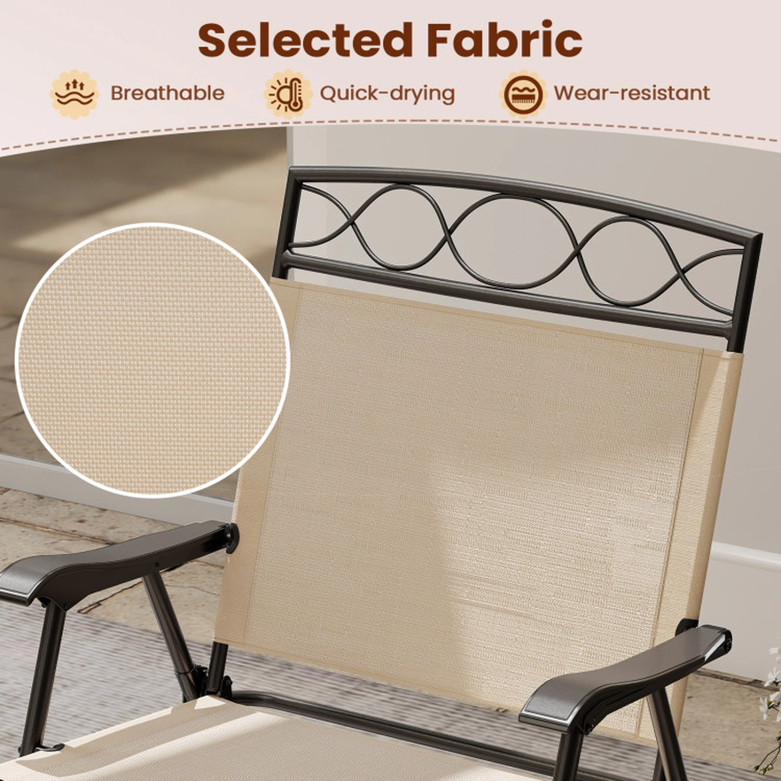SUGIFT Set of 4 Folding Curved Armrests Metal Frame Patio Dining Chairs 25.5-in x 24-in x 36-in 330-lb Capacity Beige
