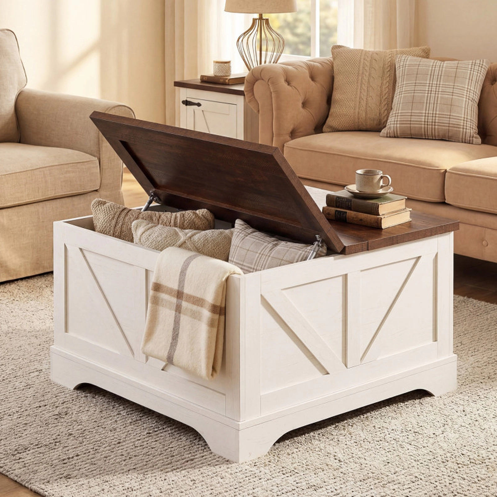 SUGIFT 31.5-in Square 220-lb Capacity Rustic Brown Farmhouse Barn Door Coffee Table with 24-in Lifting Top