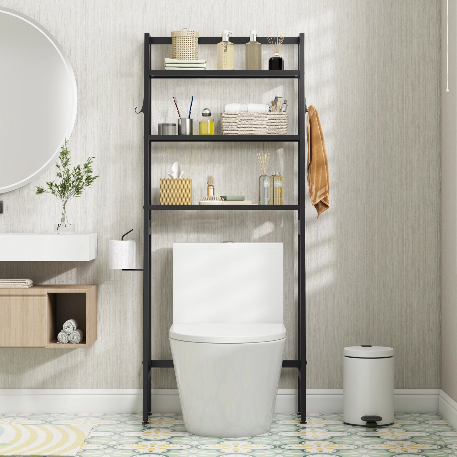 SUGIFT 3-Tier 62.5-in Tall Over the Toilet Storage Shelf Metal Bathroom Organizer with Adjustable Bar
