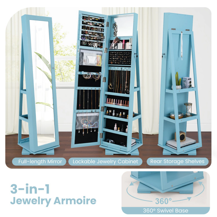 Hivvago 360° Rotatable 2-in-1 Lockable Jewelry Cabinet with Full-Length Mirror