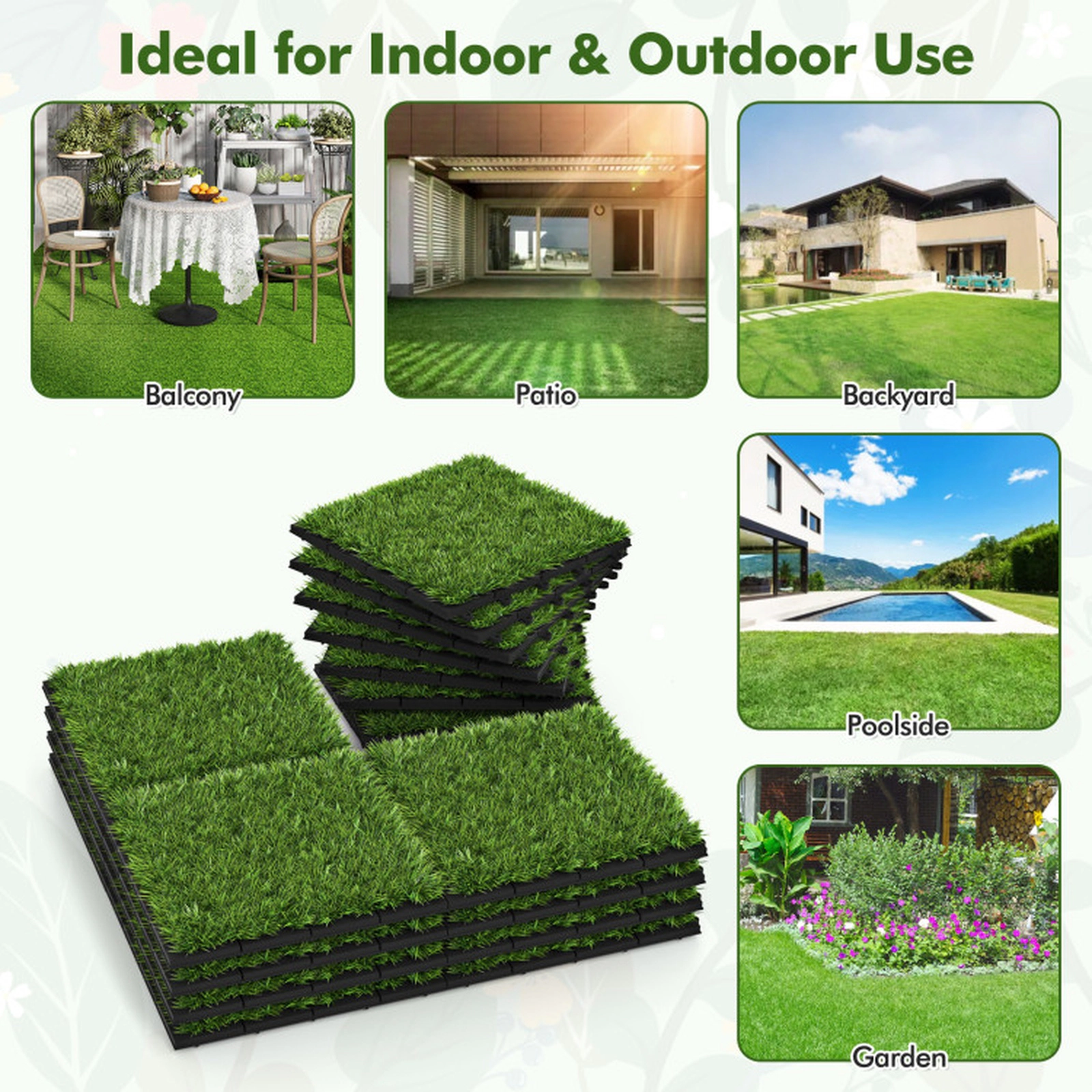 SUGIFT 30-Piece 12-in x 12-in Interlocking Artificial Grass Deck Tiles with 0.8-in Pile and Drainage Holes