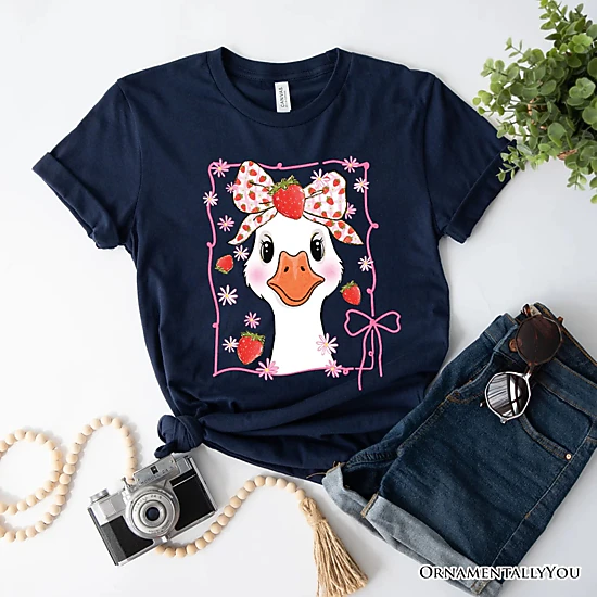 OrnamentallyYou Womens Coquette Goose With Strawberry Bow T-Shirt