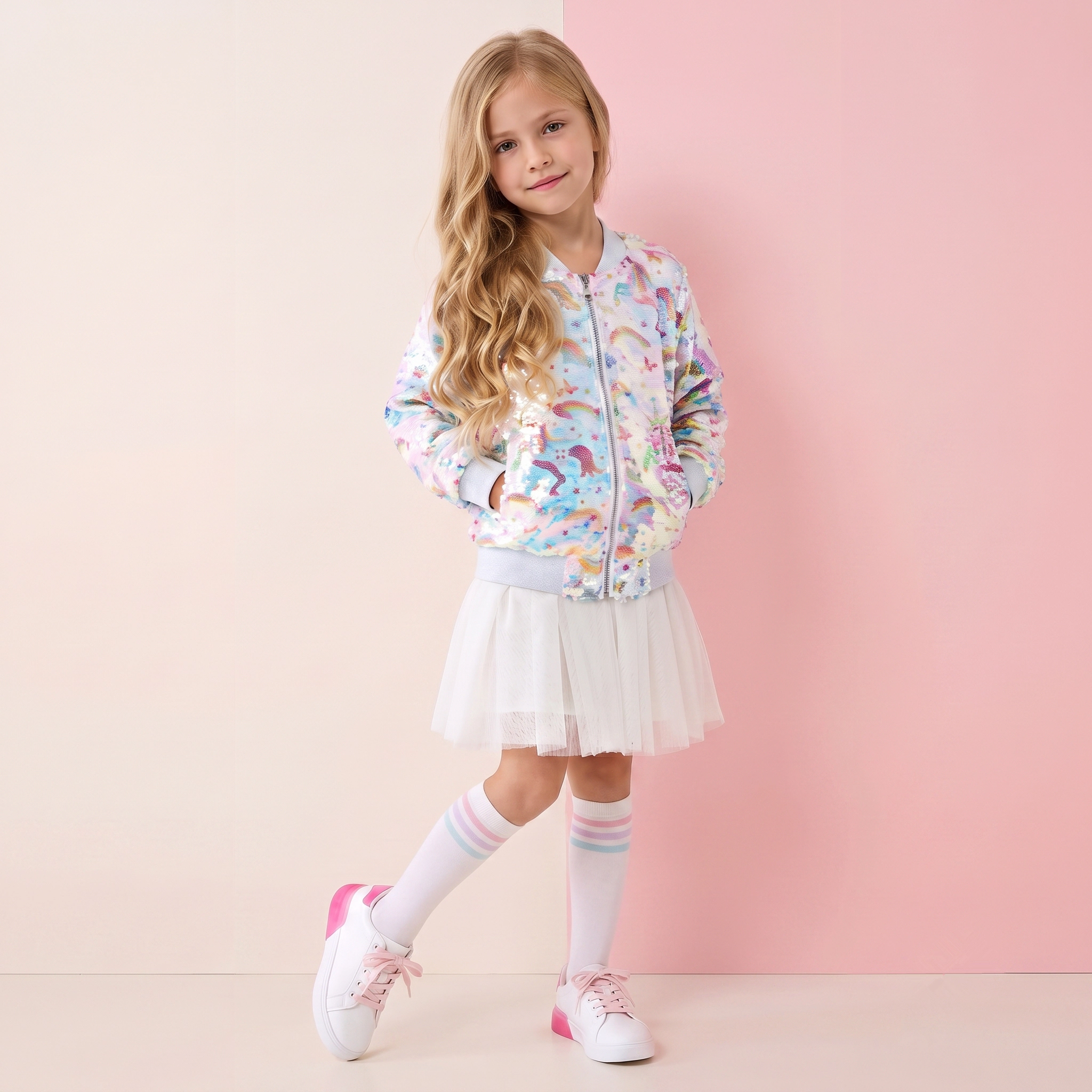 2Bunnies Girls' Rainbow Unicorn Iridescent Sequin Bomber Jacket