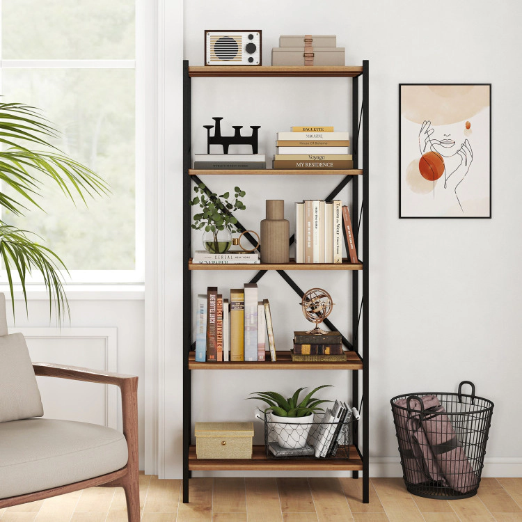 Hivvago 5-Tier Tall Bookshelf Industrial Bookcase with Heavy-Duty Metal Frame Modern Storage