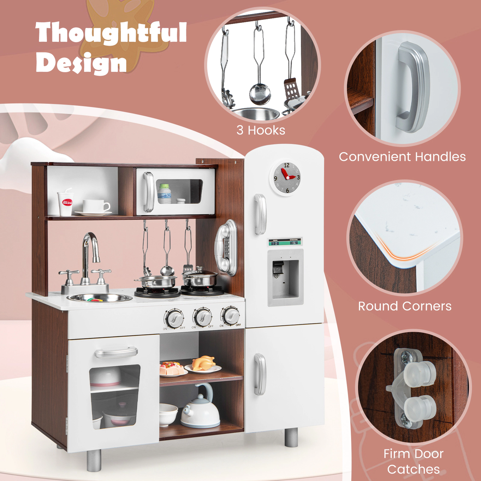 Kids Kitchen Playset with Realistic Lights and Sounds 2 Steel Pots and 3 Utensils 29-in x 11.5-in x 32-in Brown White