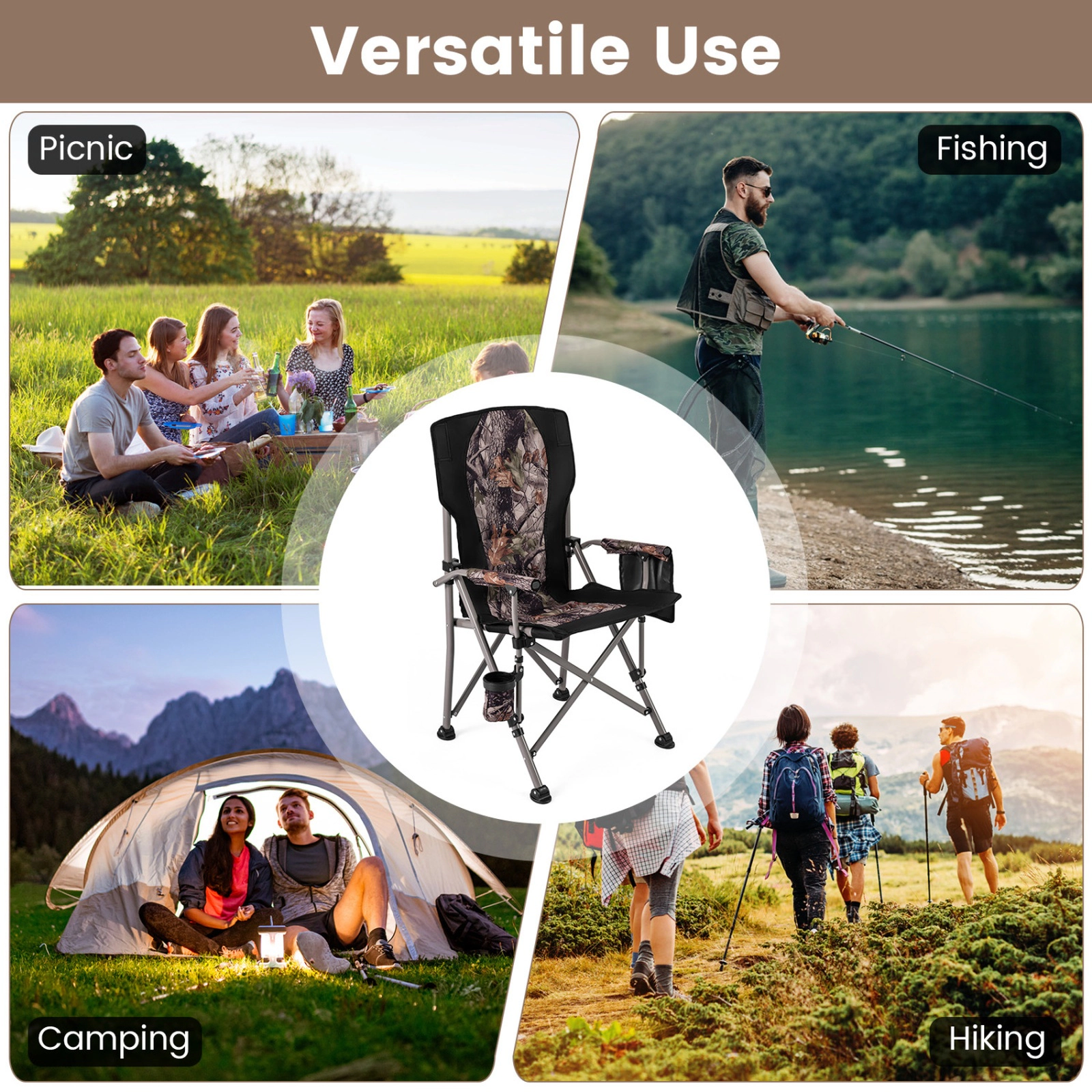 SUGIFT 400-lb Capacity Tall High Back Folding Camping Chair with Cup Holder Mesh Pocket and Carry Bag