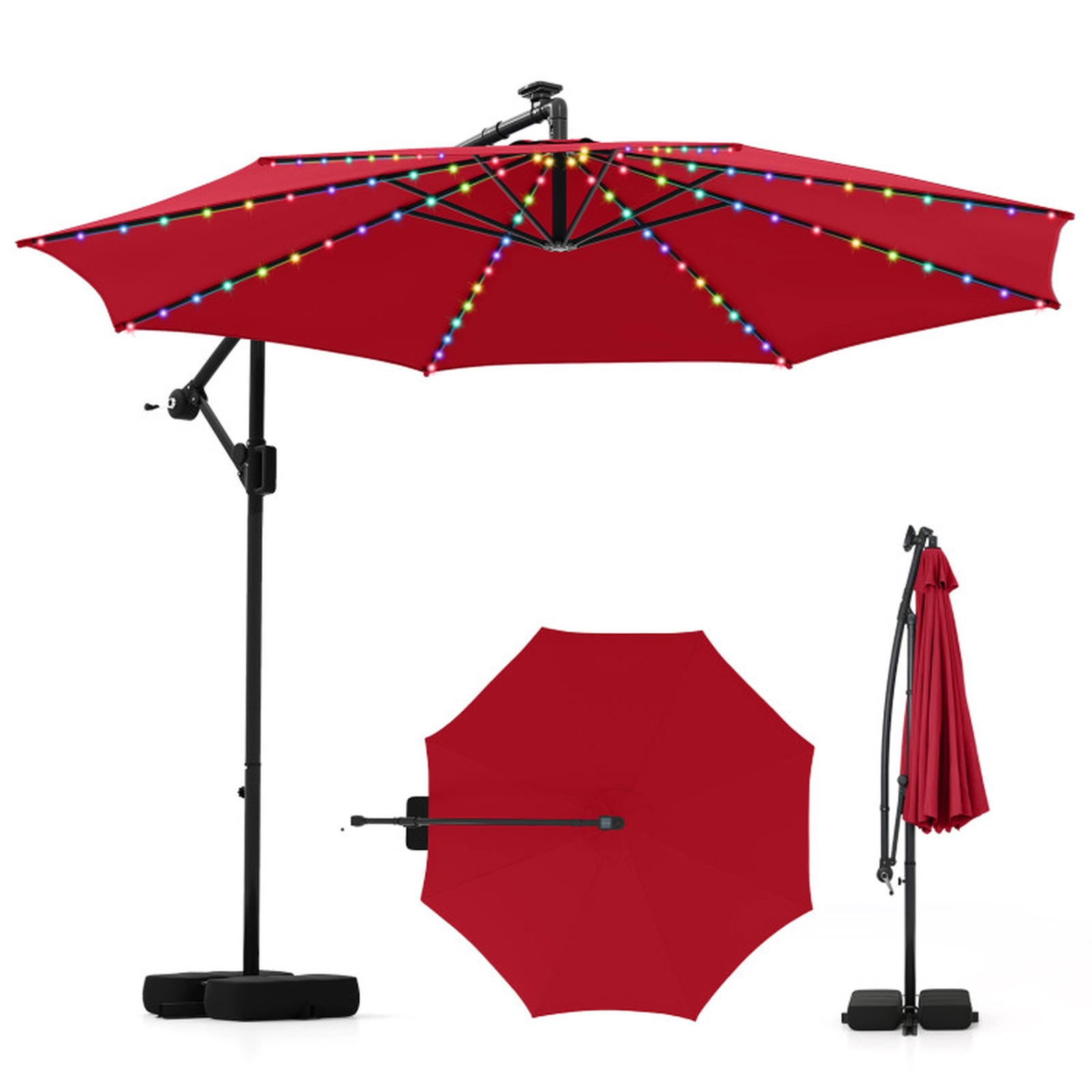 SUGIFT Solar Offset Hanging Patio Umbrella with Base and 96 LED Lights 10-ft x 8.5-ft Canopy Multi-Color