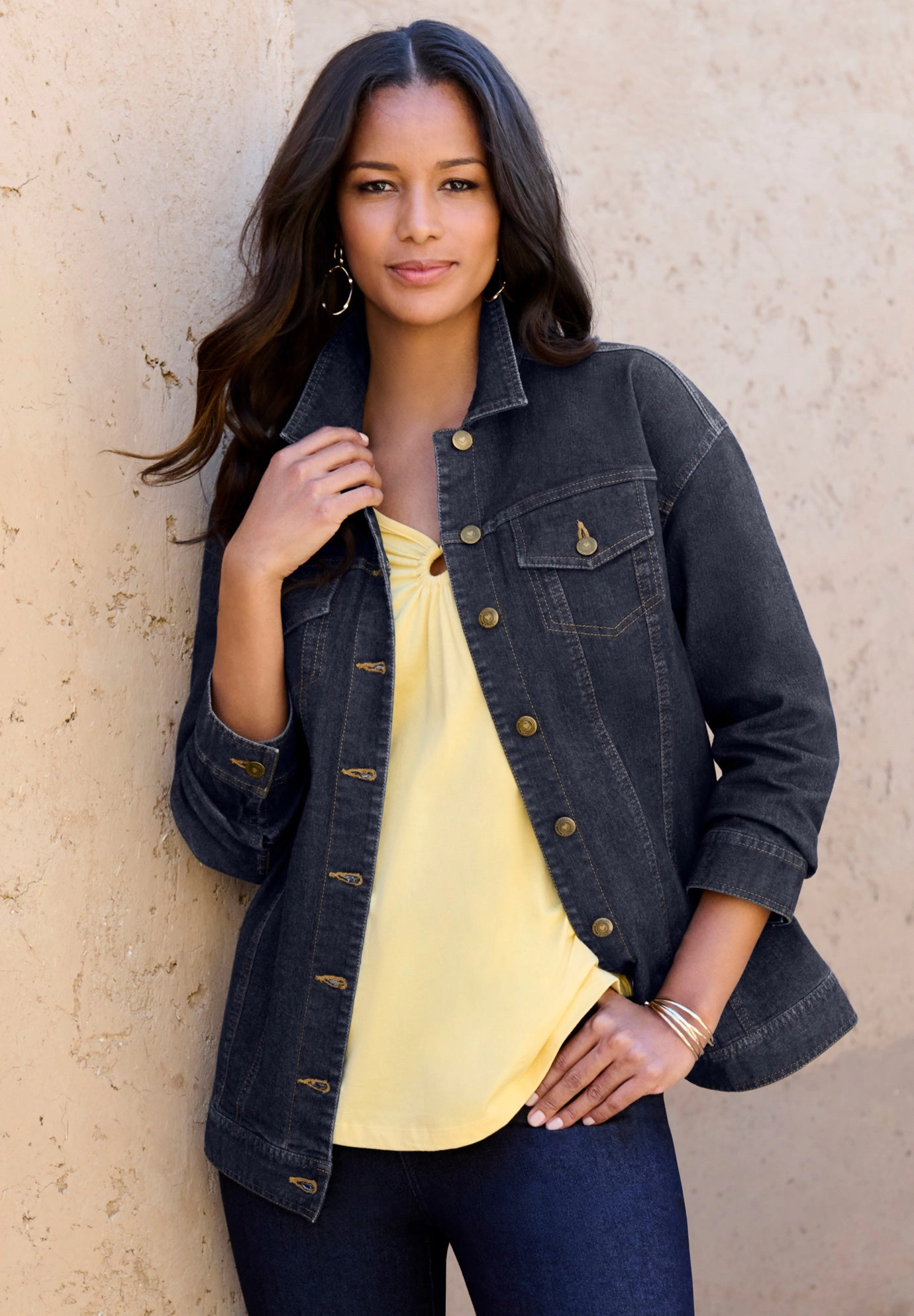 Roaman's Women's Plus Boyfriend Stretch Denim Jacket