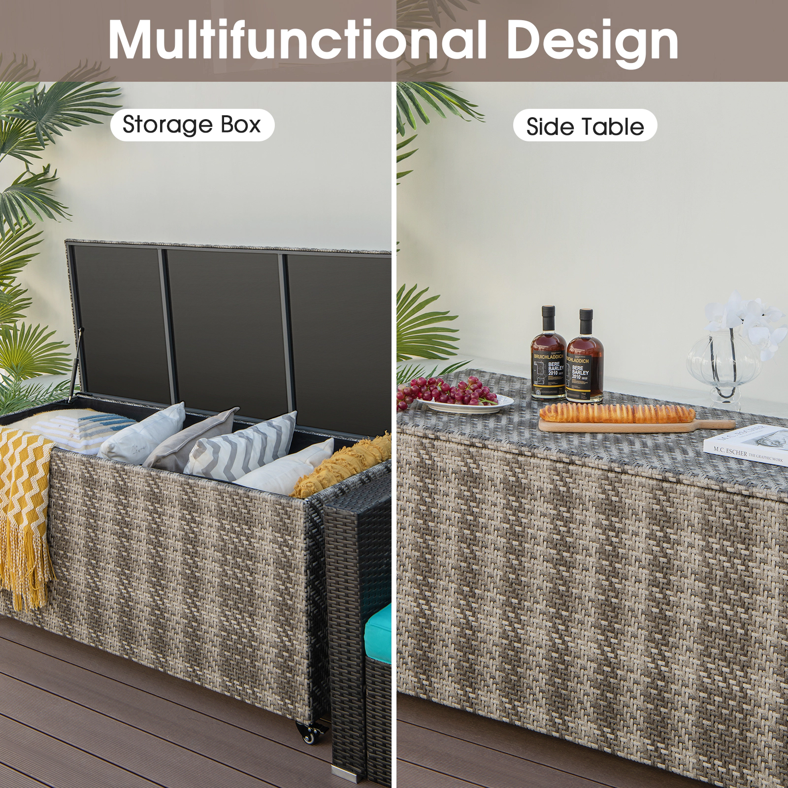 SUGIFT 96-Gallon 4 Wheels Waterproof Liner PE Wicker Outdoor Storage Box 52-in x 22-in x 25-in 35-lb Gray
