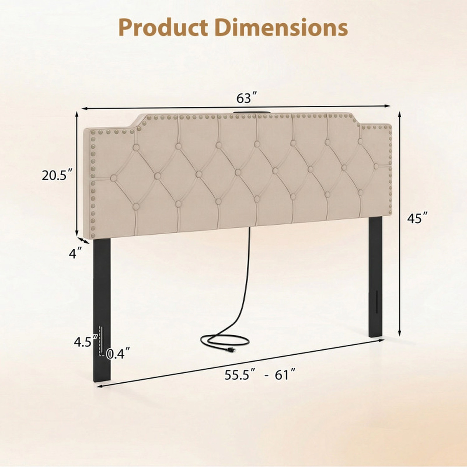 SUGIFT Rivet Tufted Upholstered Headboard with Outlets and USB for Full and Queen Beds Beige/Gray