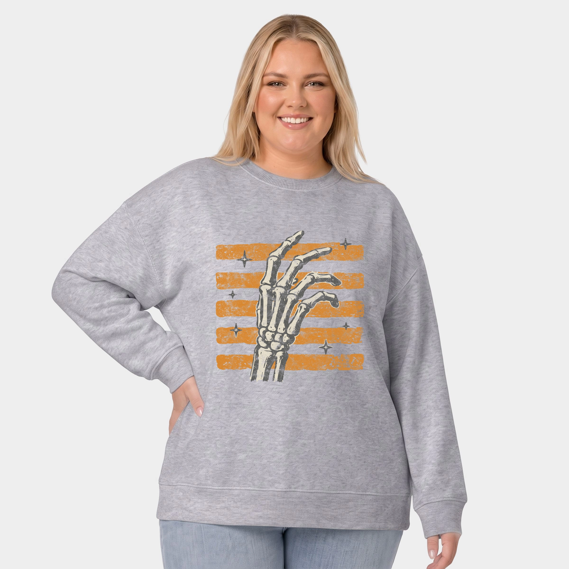 Simply Sage Market - Women's Plus Sized Graphic Sweatshirt Skeleton Hand Orange Stripes