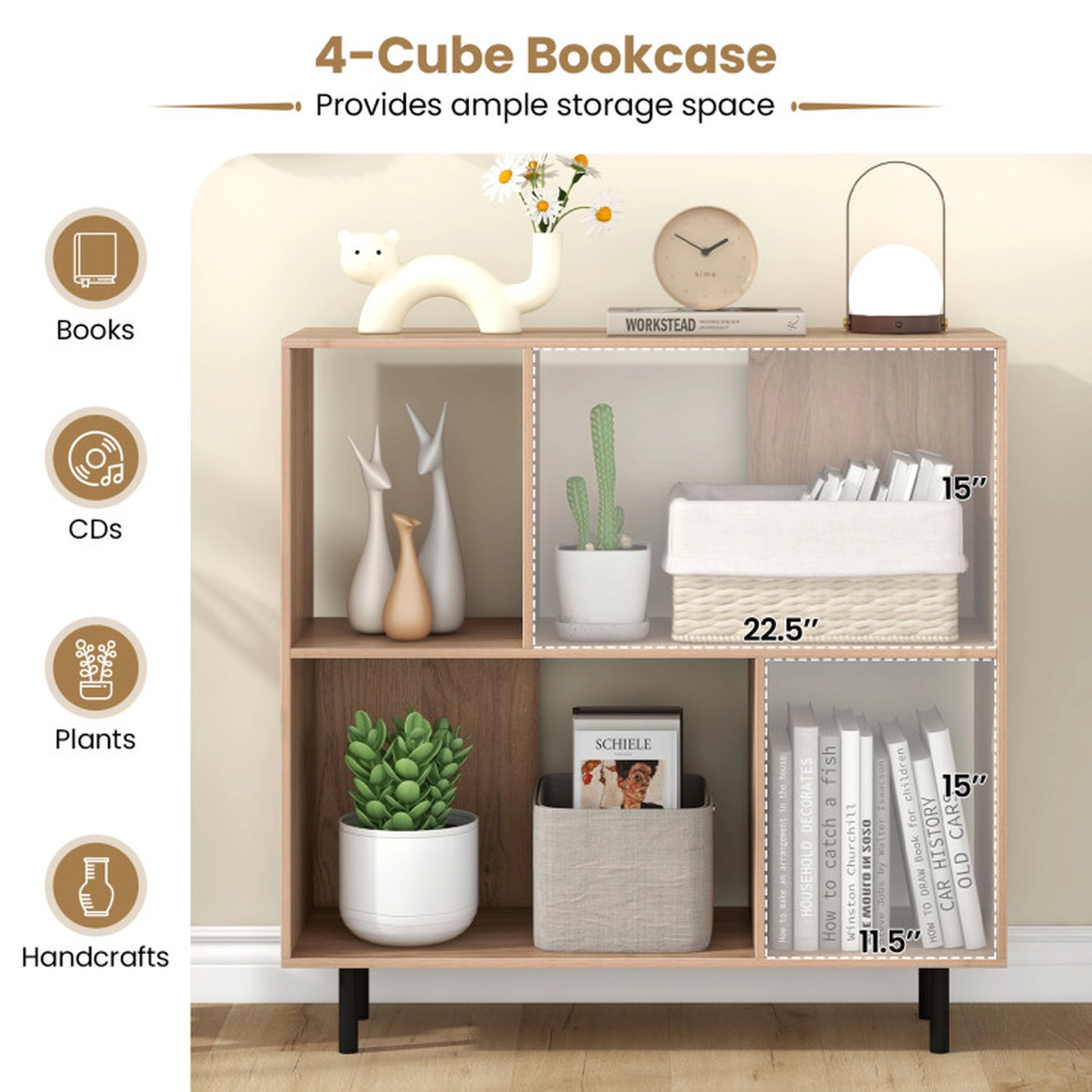 SUGIFT 4-Cube Natural 35.5-in Square Mid-Century Modern Bookshelf with Open Display Shelf and Metal Legs