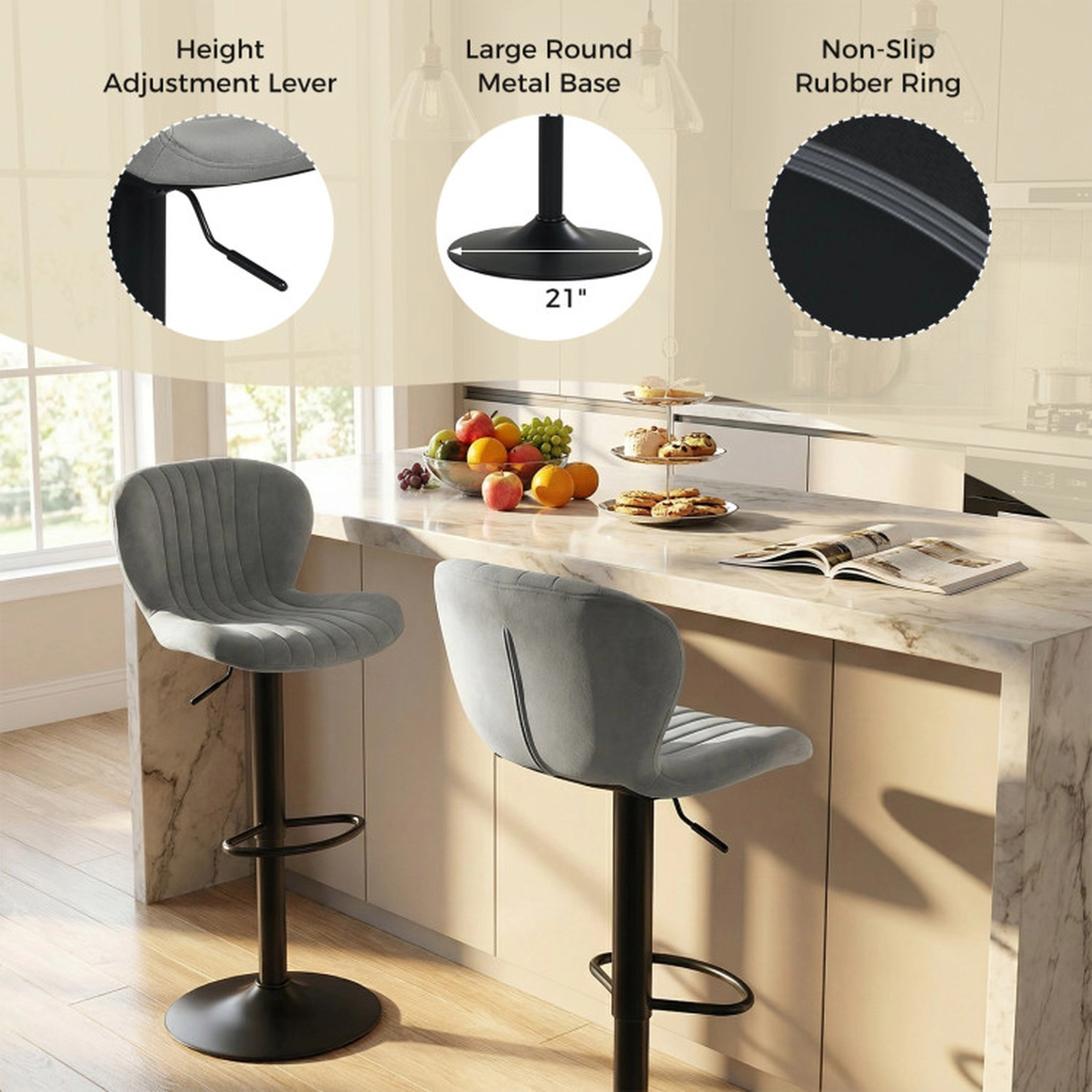 SUGIFT Set of 4 Gray Adjustable Velvet Swivel Bar Stools with Backrests and Footrests