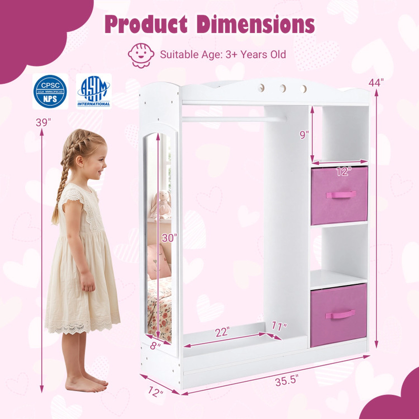 SUGIFT 44-in White Kids Dress Up Storage and Clothing Rack with Full Length Acrylic Mirror and 2 Fabric Drawers
