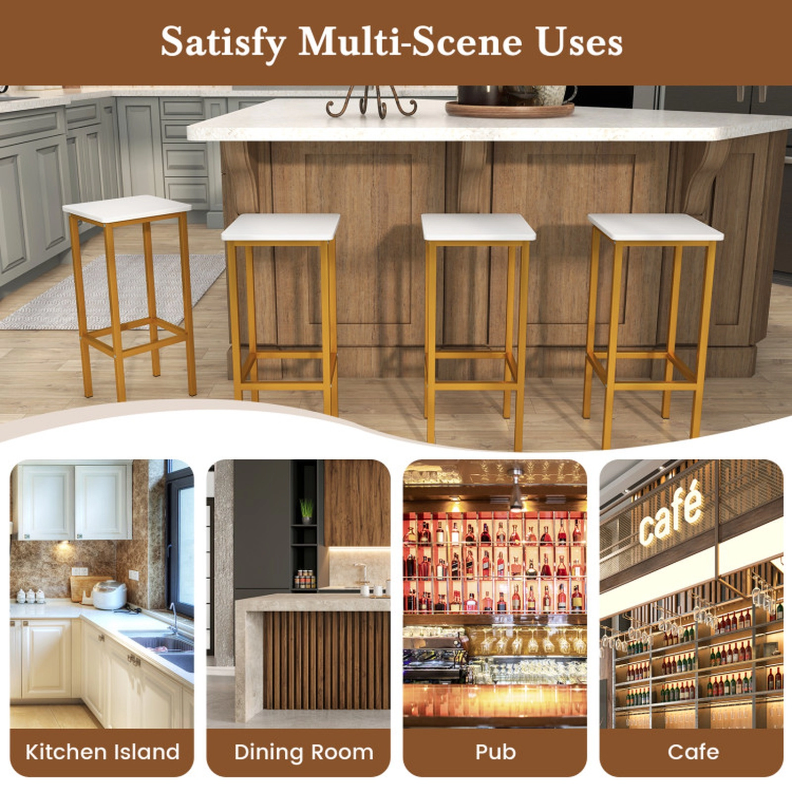 SUGIFT White Metal Legs Wood Seat and Footrest Set of 4 26 Inch Bar Stools