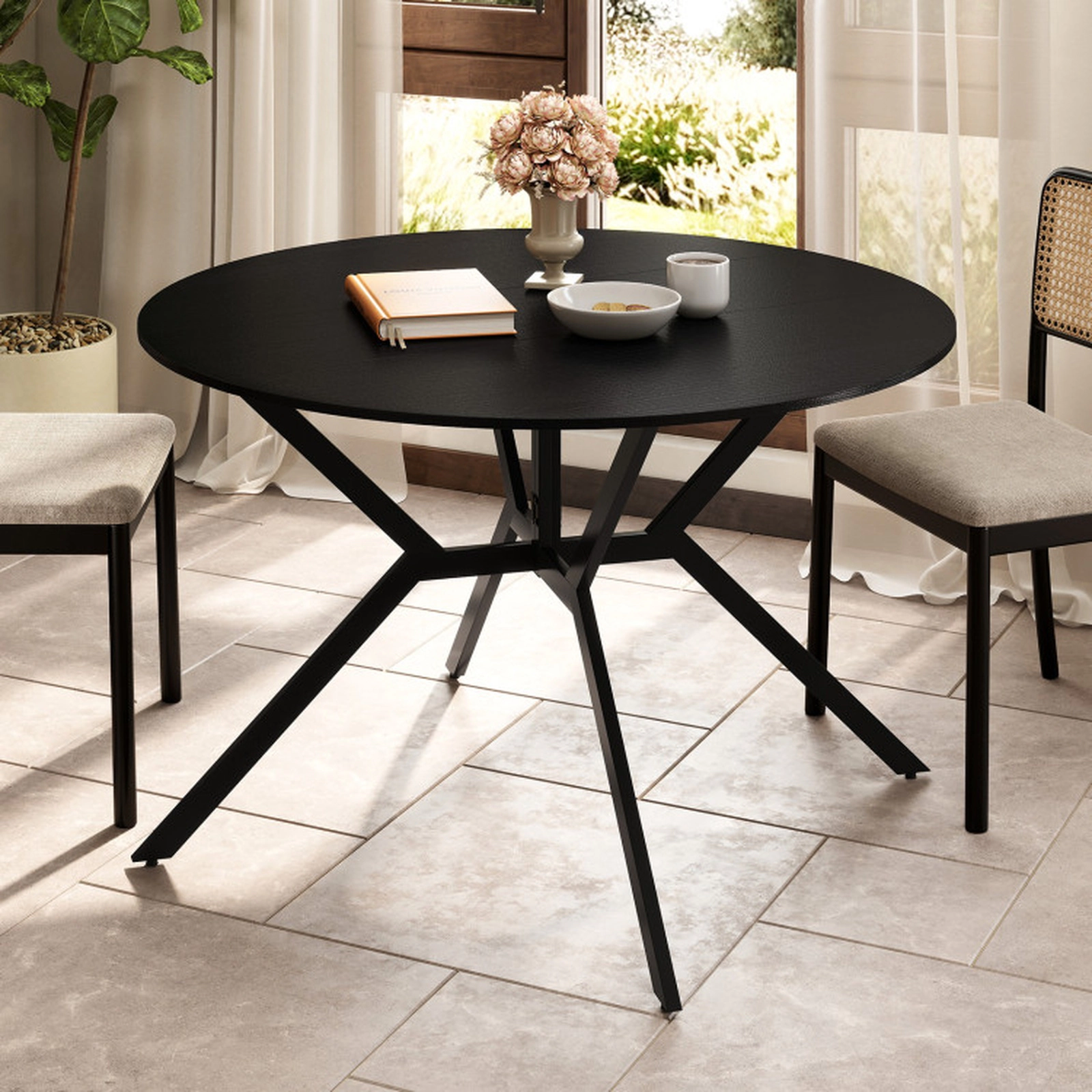 SUGIFT Folding Extendable Round Dining Table with Drop Leaves 200-lb Capacity 47-in Top 36.5-lb Metal MDF Black
