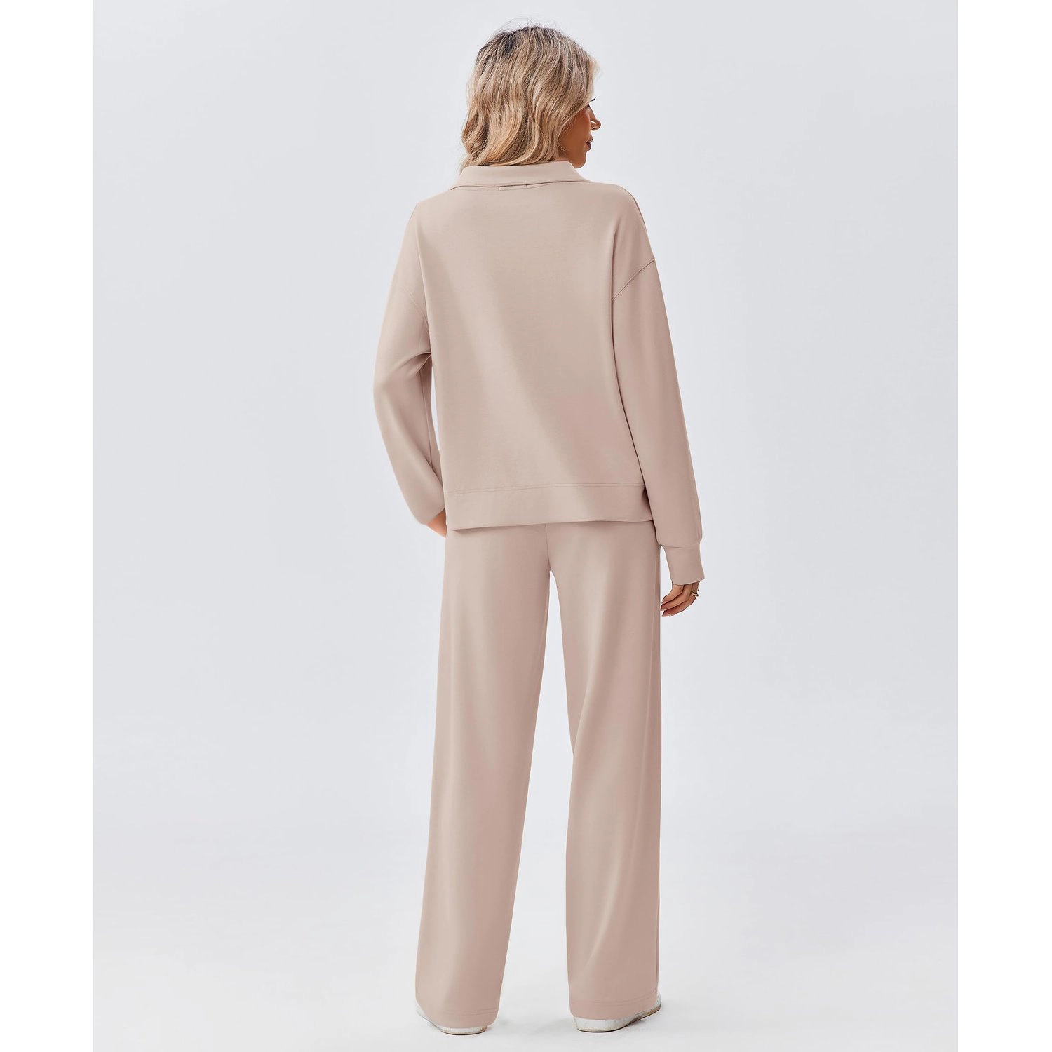 Pinspark Womens Half Zip Collared Long Sleeve Top Wide Leg Pants 2 Piece Casual Sets