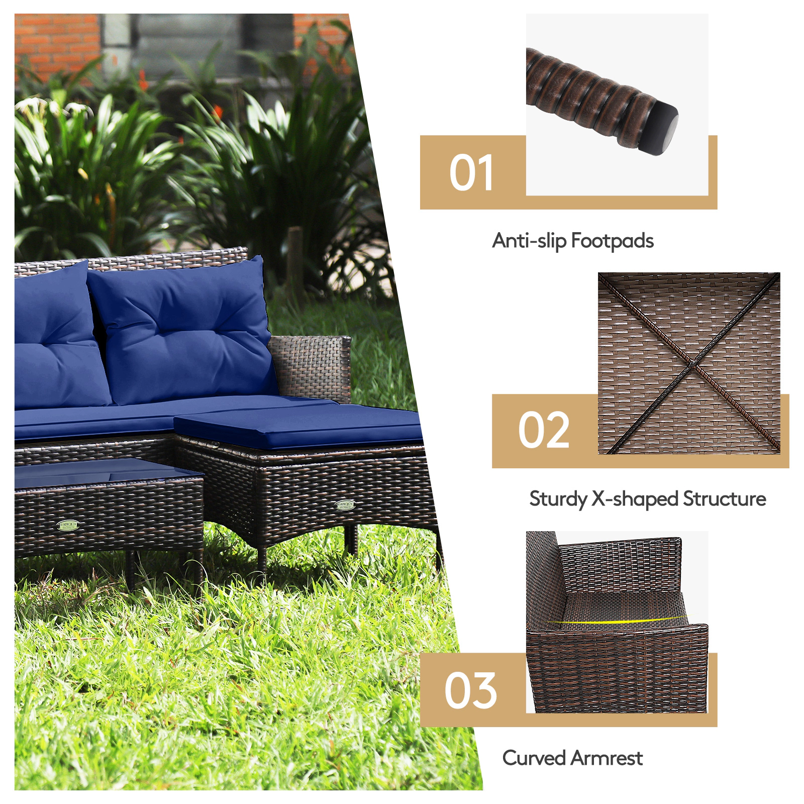 Hivvago 3 Pieces Patio Furniture Sectional Set with 5 Cozy Cushions
