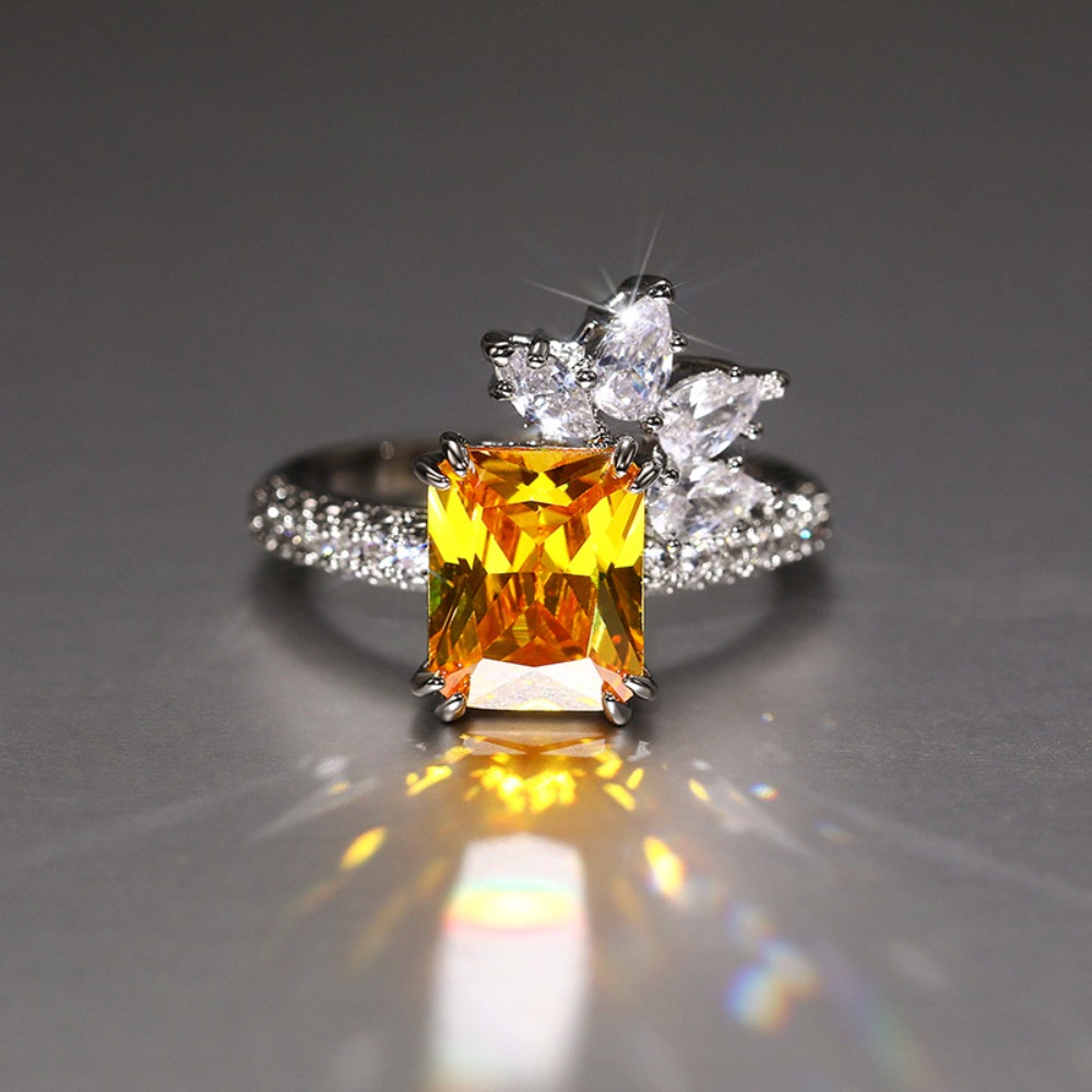 Citrine Flower Cocktail Ring Cubic Zirconia Promise Ring