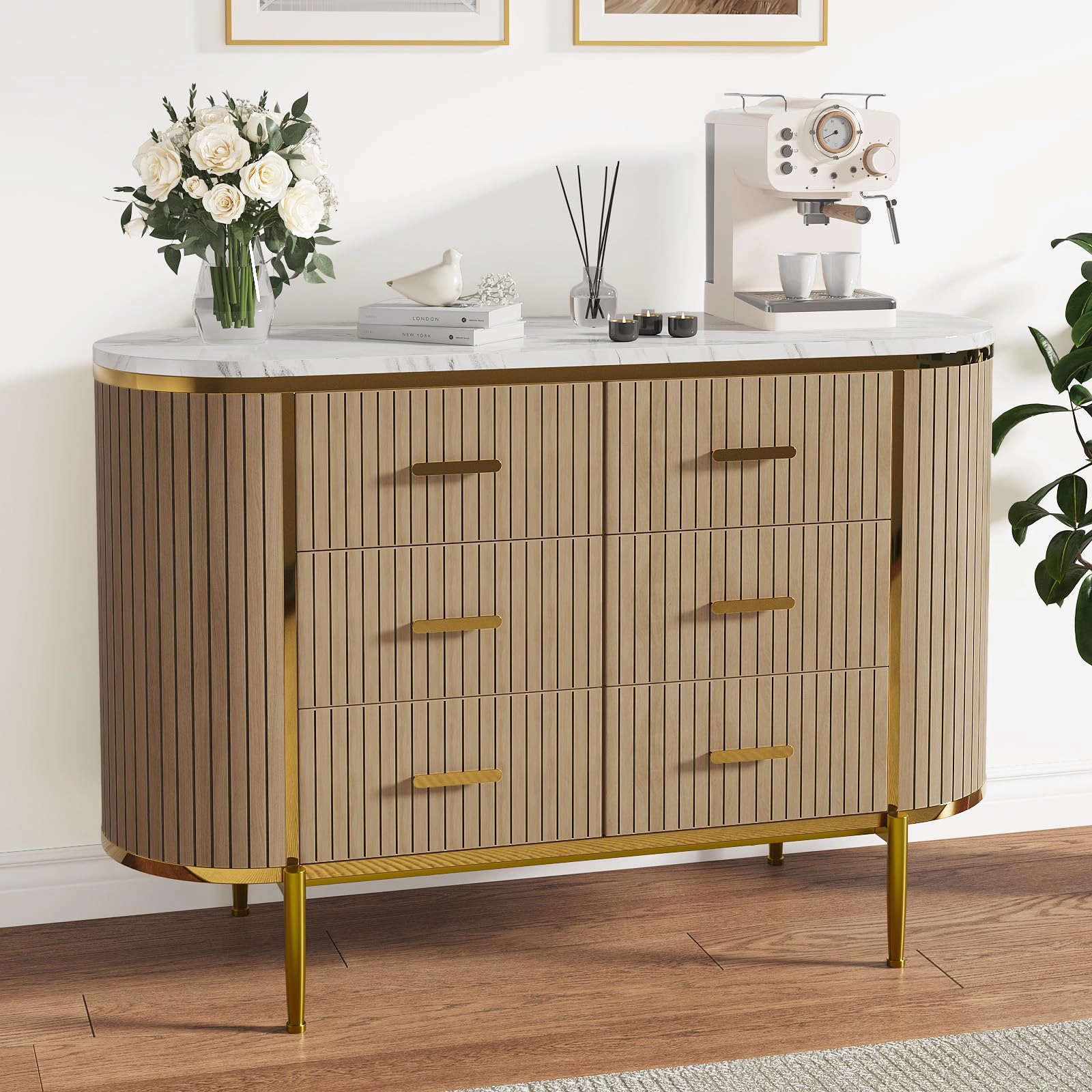 47.2" Fluted 6 Drawer Dresser, Mid Century Modern Wood Chest with Curved Design & Gold Handles