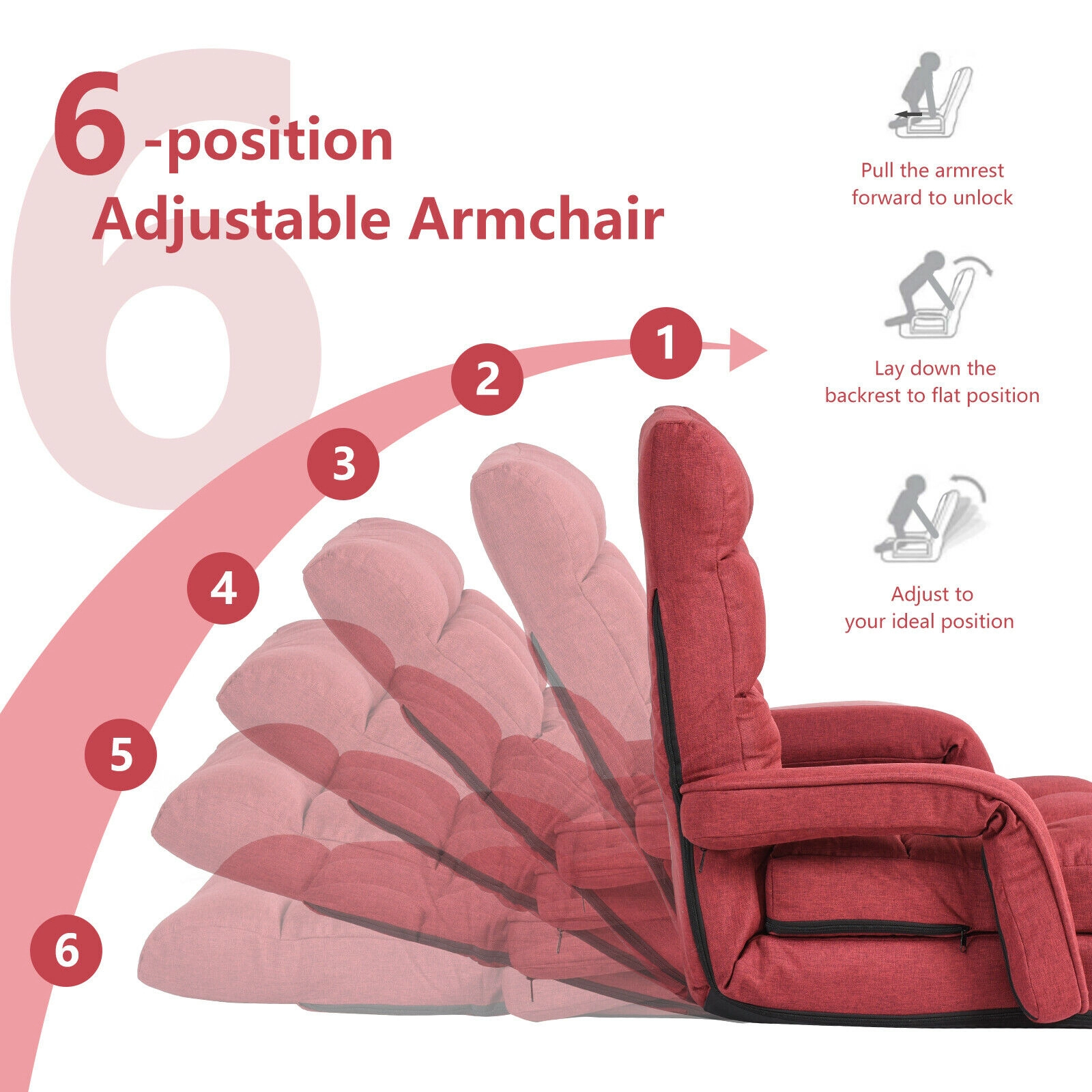 SUGIFT 6-Position Adjustable Backrest Padded Armrests Lumbar Pillow Folding Floor Armchair 22-in x 26-in x 29-in Red