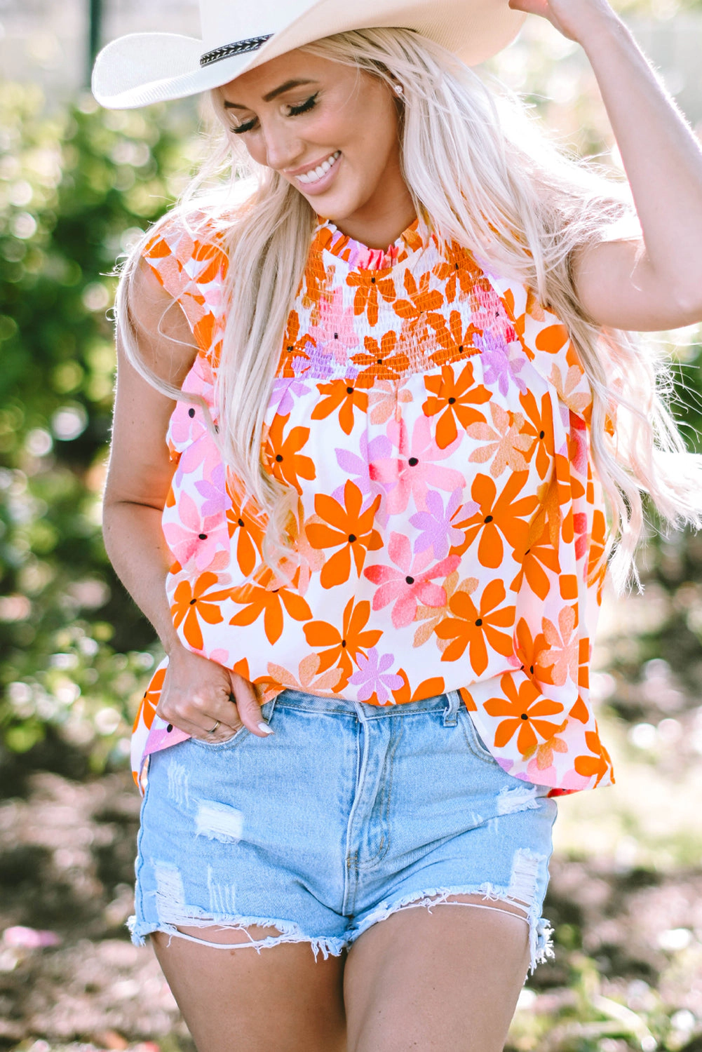 Threaded Pear Women's Alison Ruffled Sleeve Smocked Floral Top
