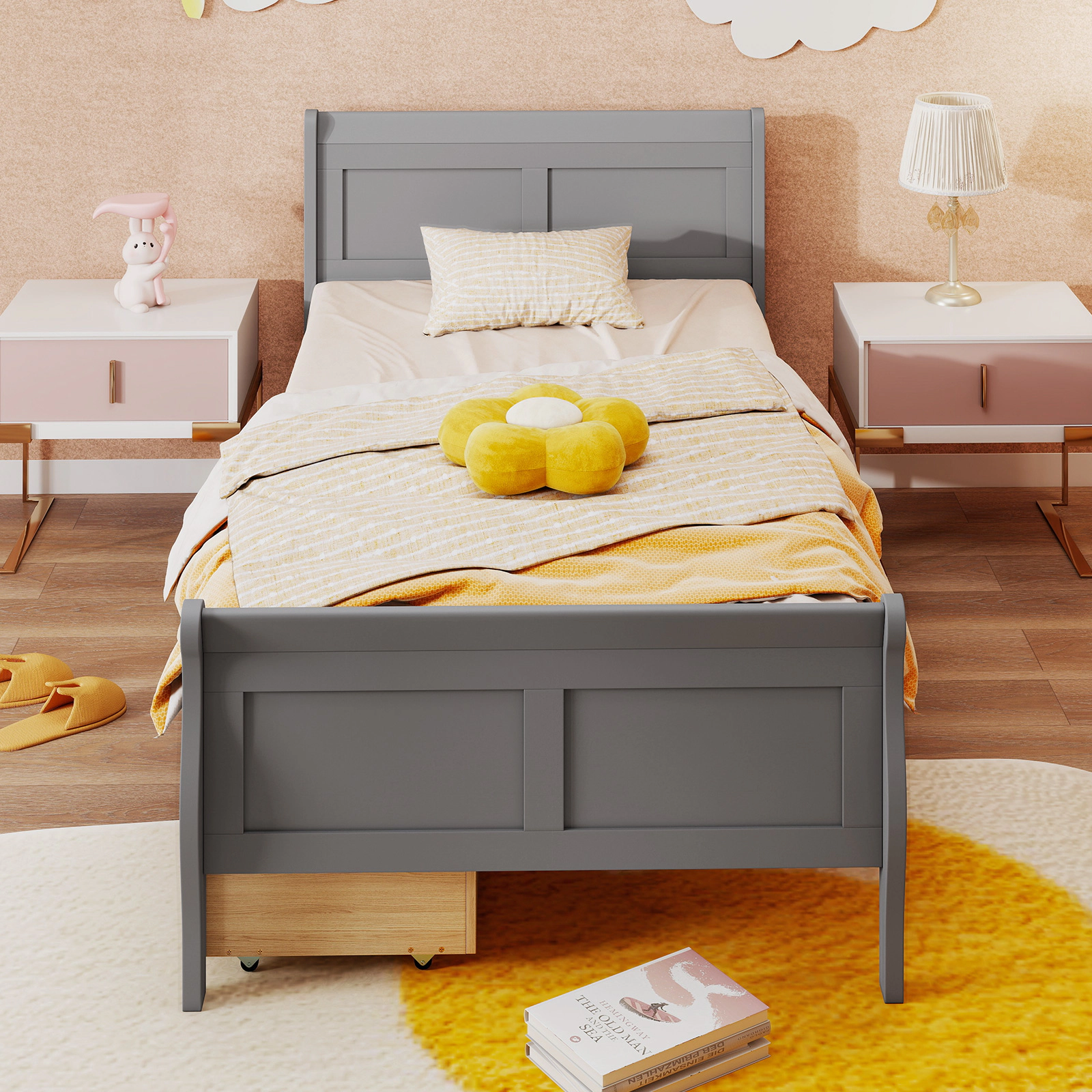 LJG Twin Size Sleigh Bed with 2 Storage Drawers Wood Platform Bed Frame