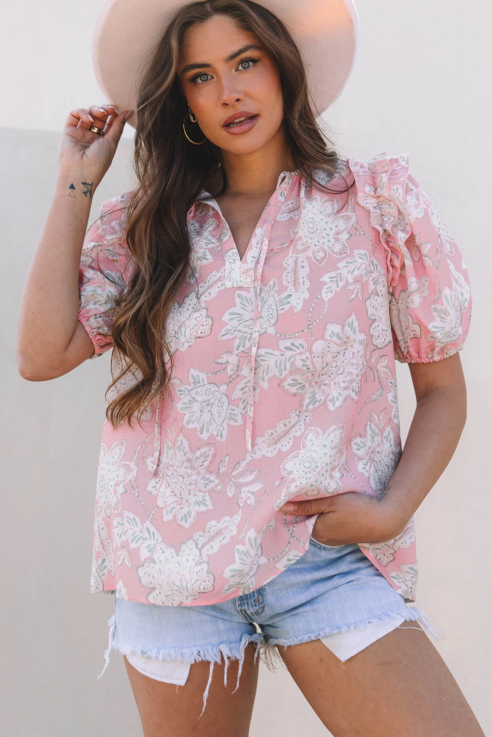 Threaded Pear Women's Cattleya Floral Drawstring V Neck Puff Sleeve Loose Blouse