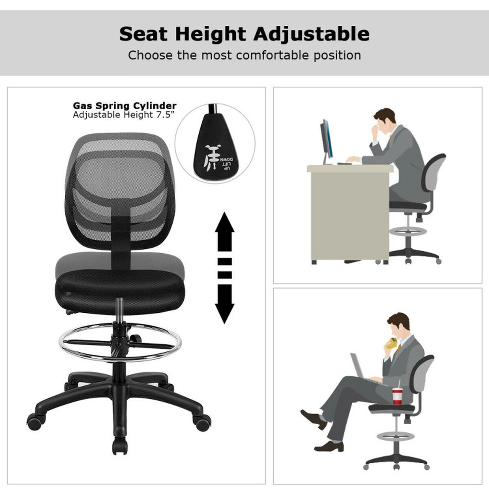 SUGIFT Breathable Mesh Mid Back Drafting Office Chair Adjustable Height 330-lb Capacity 21-28.5-in Seat Black
