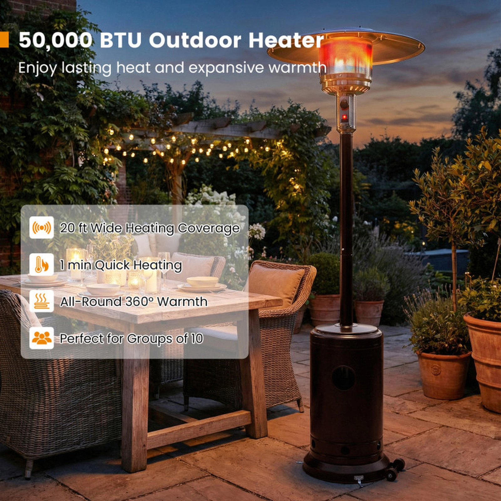 SUGIFT Bronze Propane Patio Heater with Stainless Steel Burner and Reflector 50000-BTU 32.5-in W 86-in H