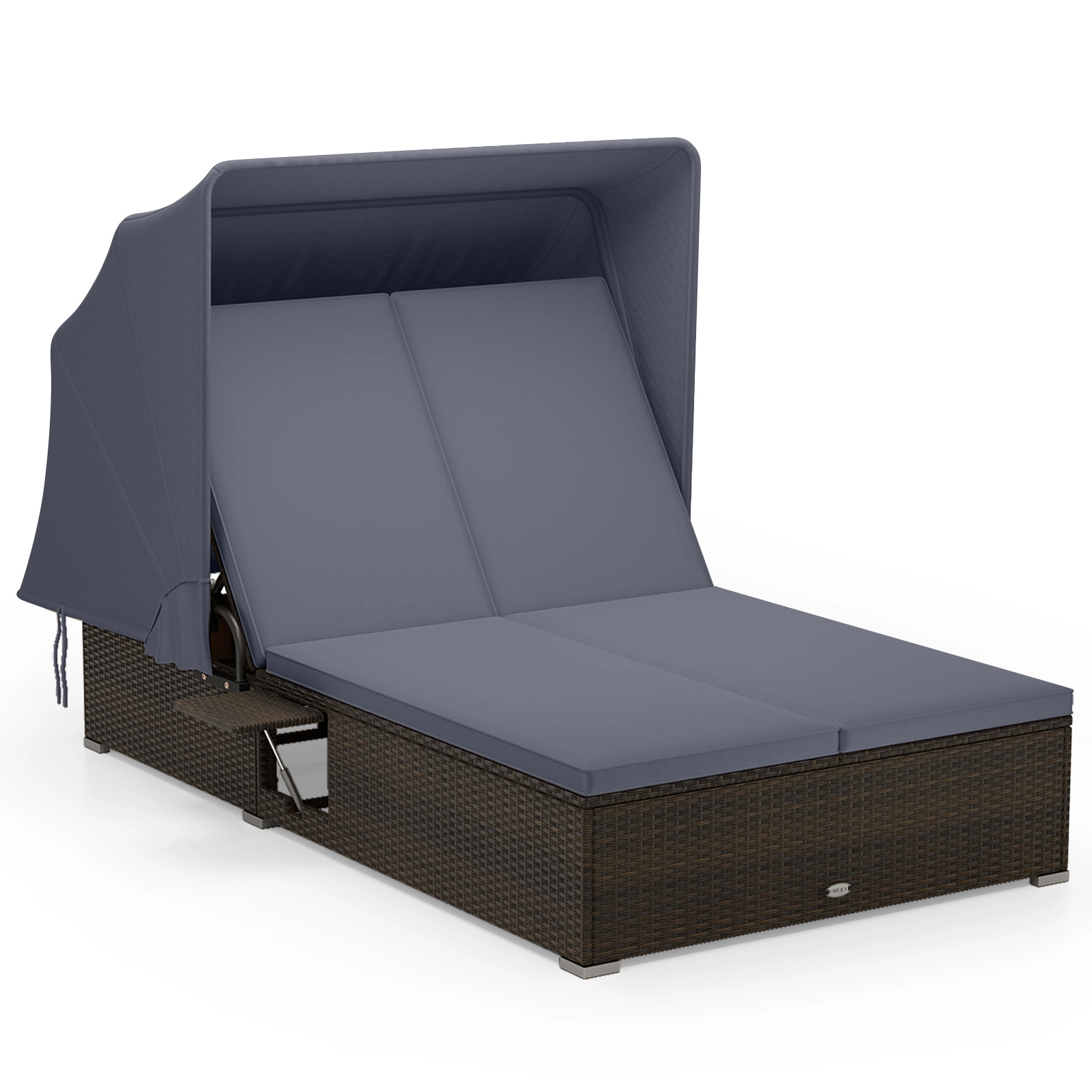 LJG Patio Double Chaise Lounge with Shade Cushions and Folding Side Trays