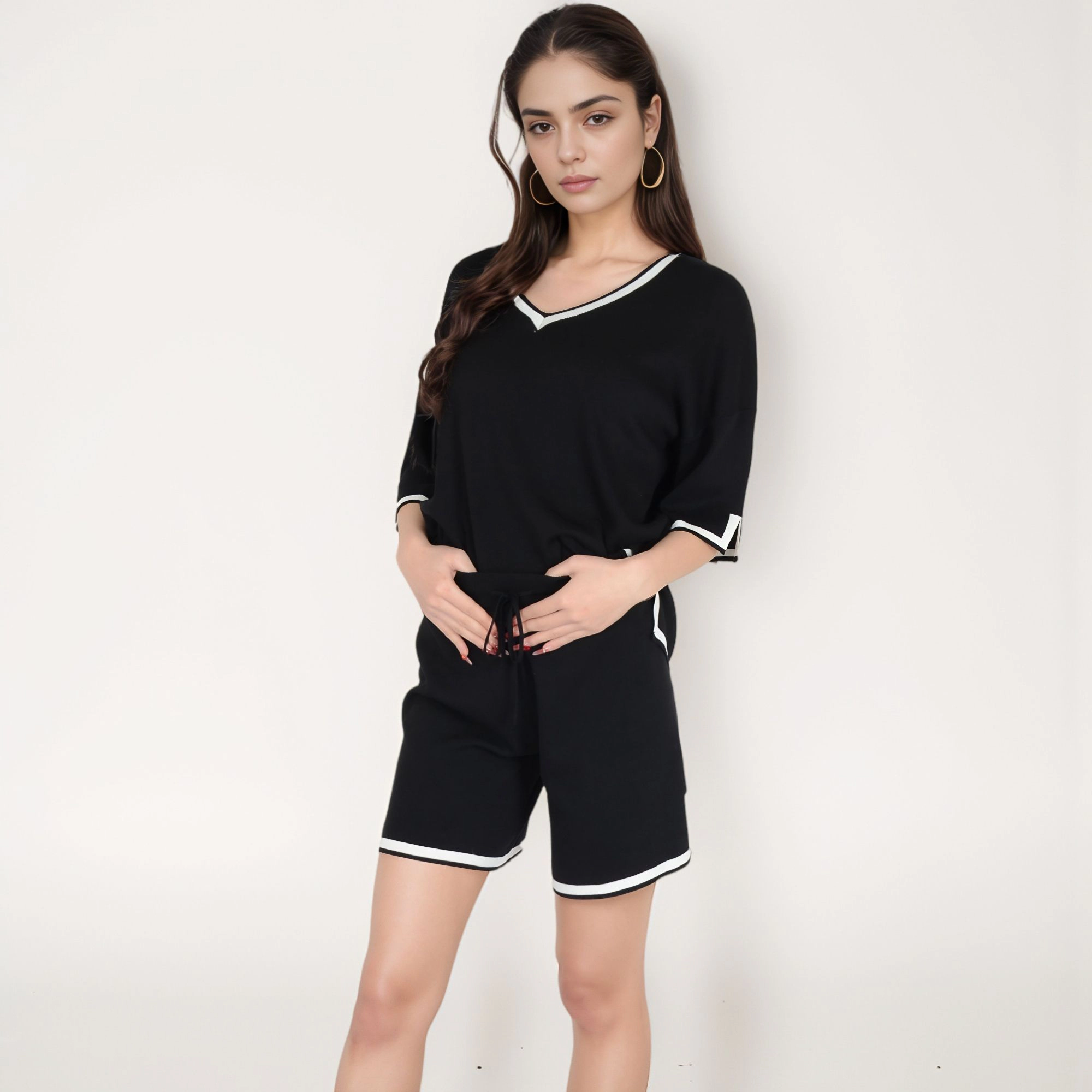 Anna-Kaci Women's Knit Lounge Set with V-Neck Top and Drawstring Shorts Featuring Contrast Trim