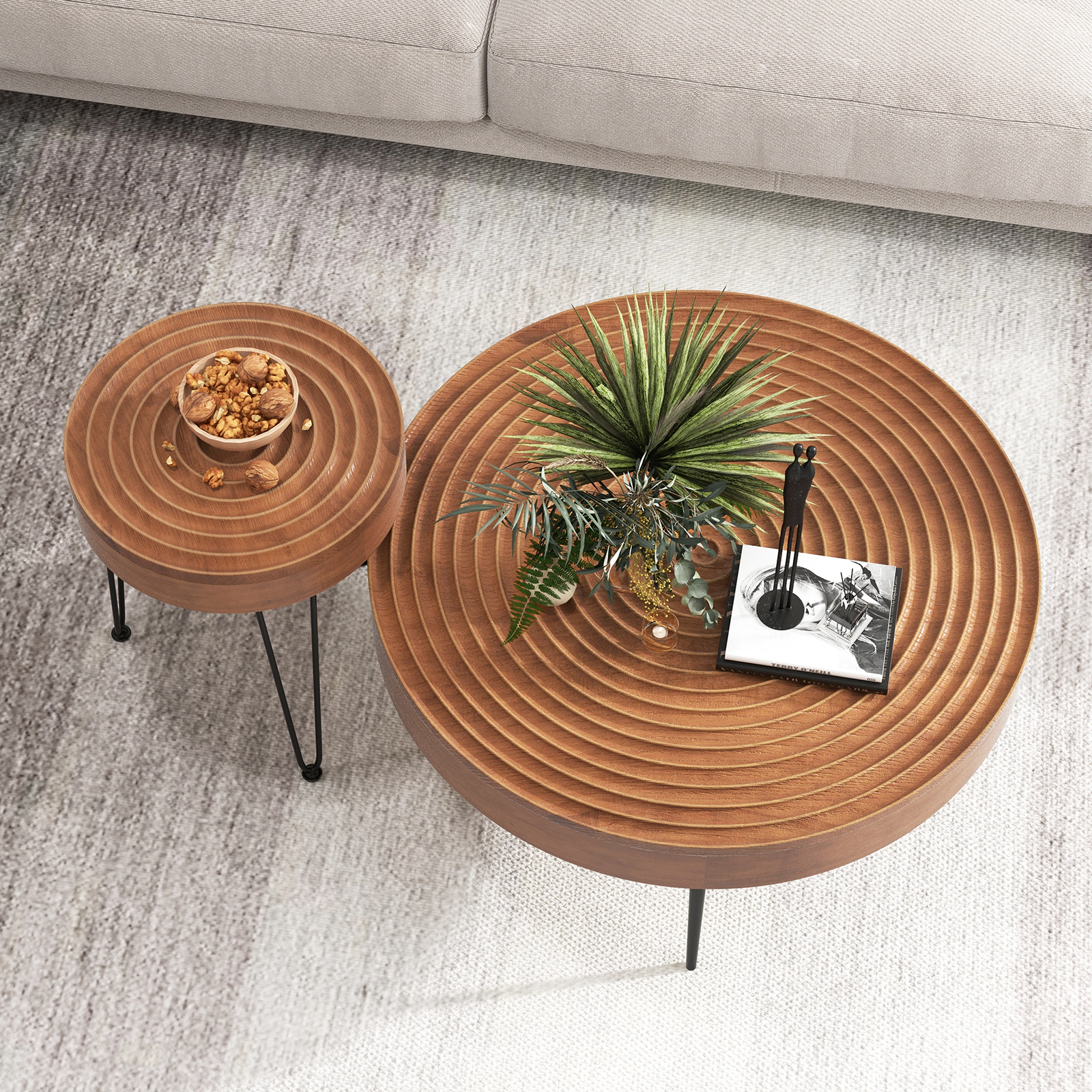 Glintex 2-Piece Solid Pine Round Coffee Table Set with Ripple-Pattern Tops, Coffee