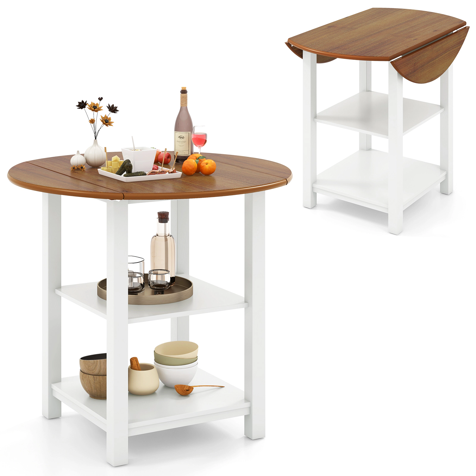 LJG Folding Round Dining Table Drop Leaf Table with 2 Shelves for Small Spaces