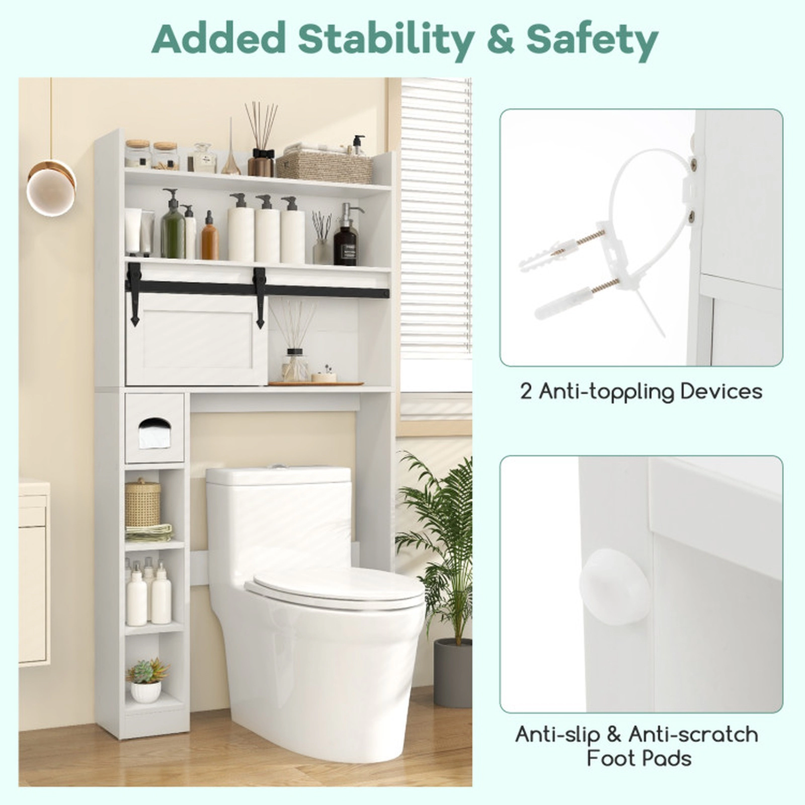SUGIFT Sliding Barn Door 3-Tier Shelves Over The Toilet Storage Cabinet 32-in x 7.5-in x 62-in 200-lb Capacity White